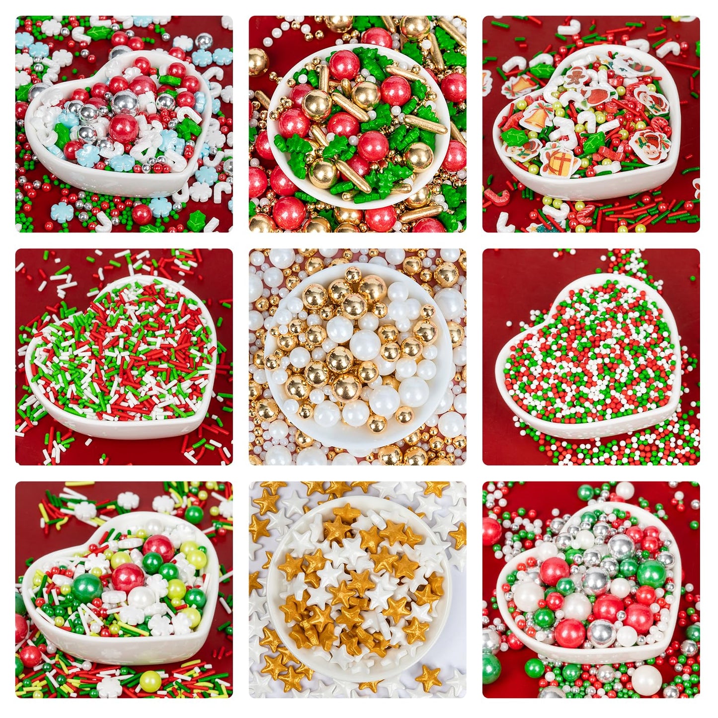 Edible Christmas Sprinkles for Cake Decorating,4 Pack 12 oz,Red White Green Gold Pearls and Christmas Confetti Trees Candy,Nonpa