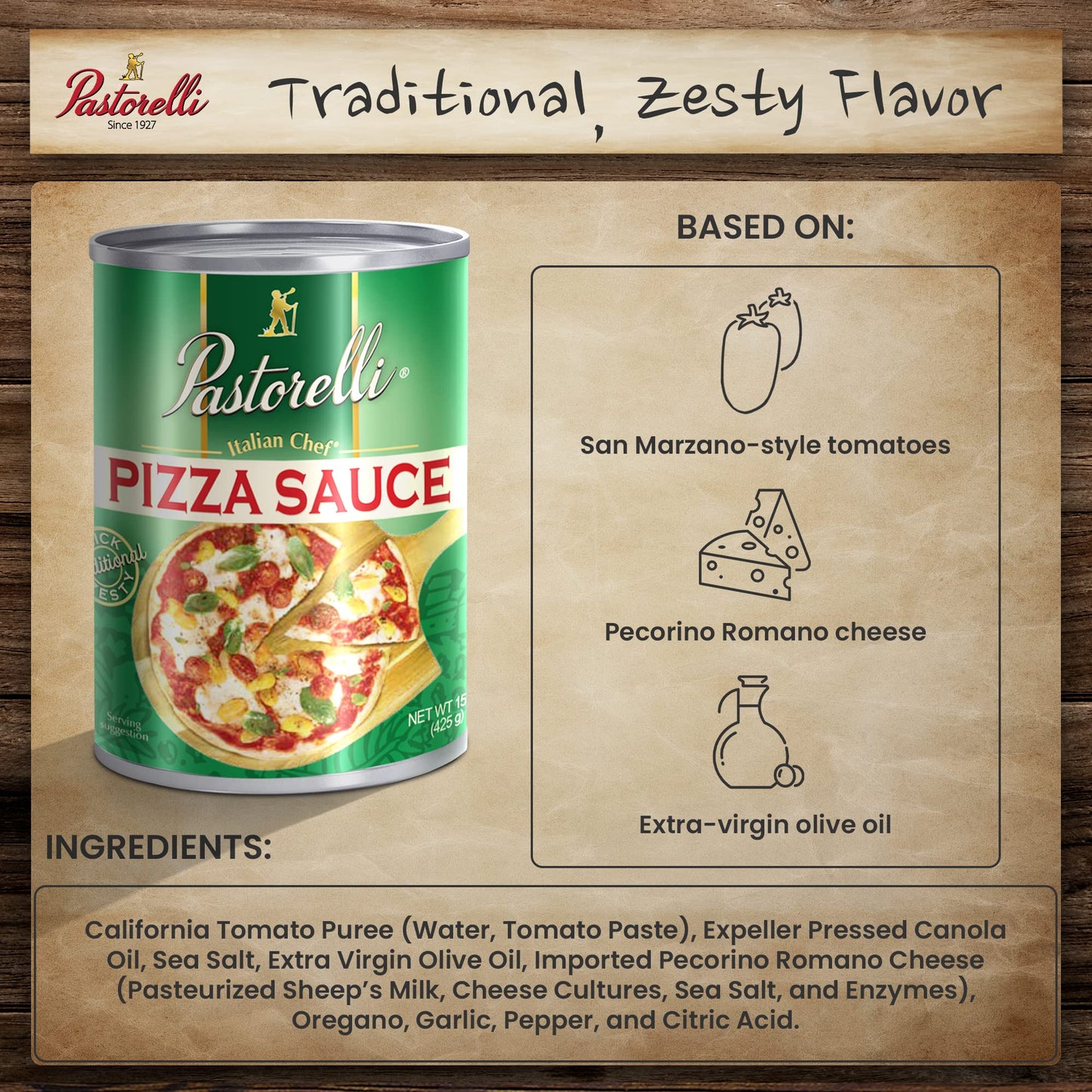 Pastorelli Pizza Sauce, Authentic Italian with Extra Virgin Olive Oil, 15 Ounce, Pack of 12