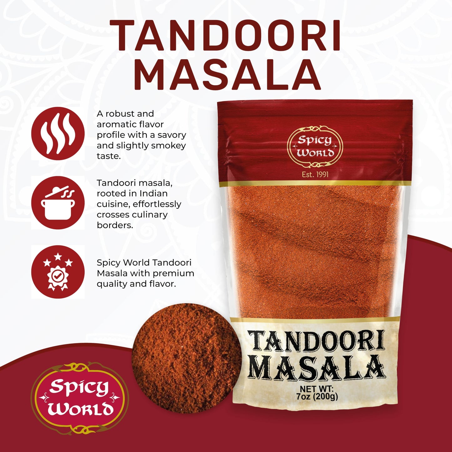 Spicy World Tandoori Masala Spice Mix Seasoning 7 Oz - 18 Spice Blend - Premium Quality Tandori Masala, Marinade & Grill Spice B