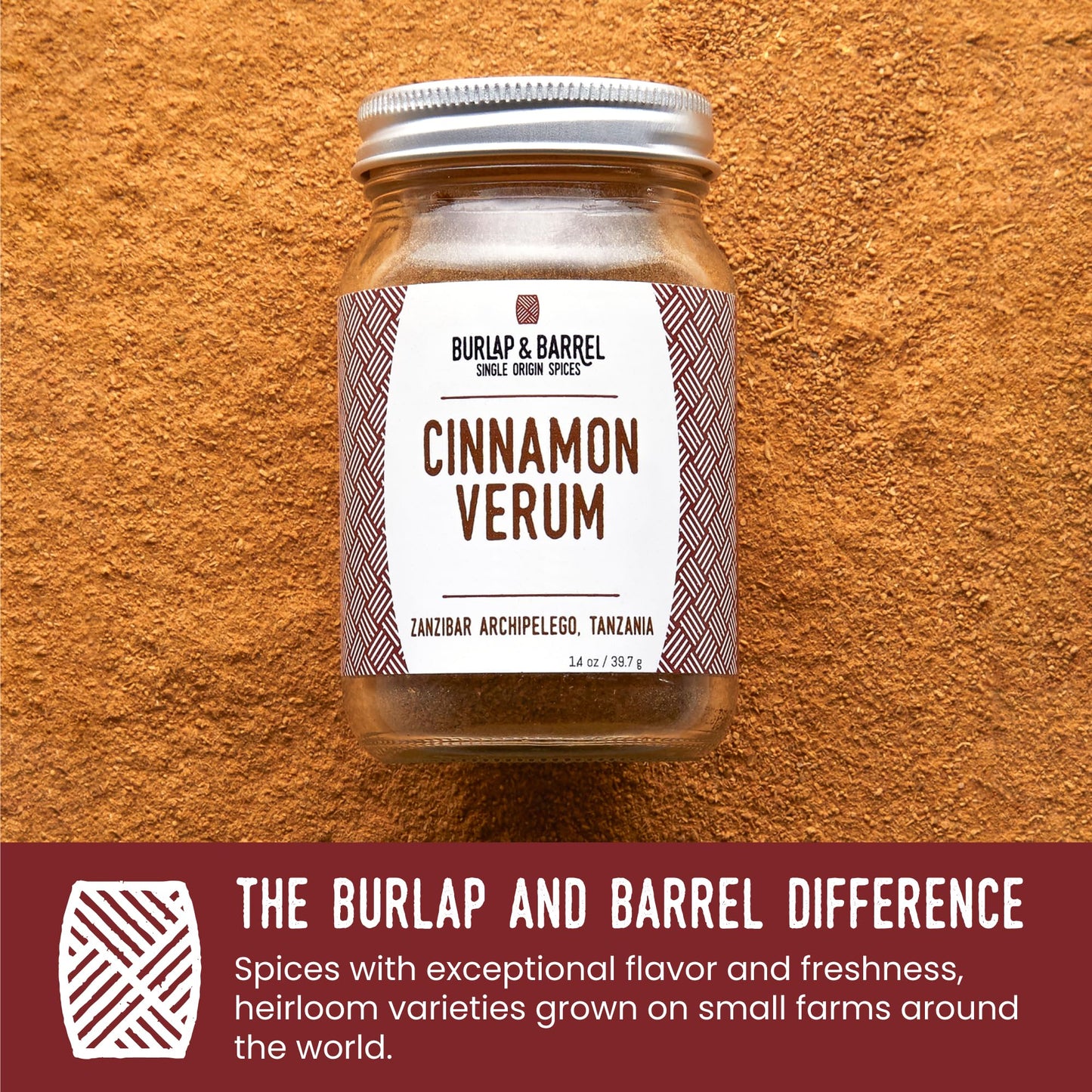 Burlap & Barrel Ground Ceylon Cinnamon Powder, 1.8oz Glass Jar, with Pine, Citrus Peel, and Sea Salt Notes
