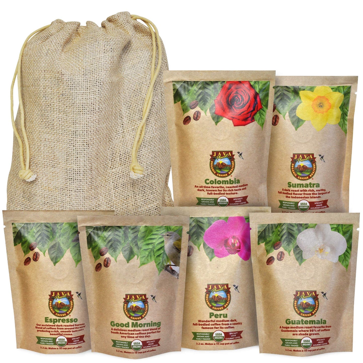Sampler Variety Pack, Low Acid Organic Coffee Beans in Linen Gift Bag: Whole Bean, Mold-Free & Stomach Friendly, by Java Planet
