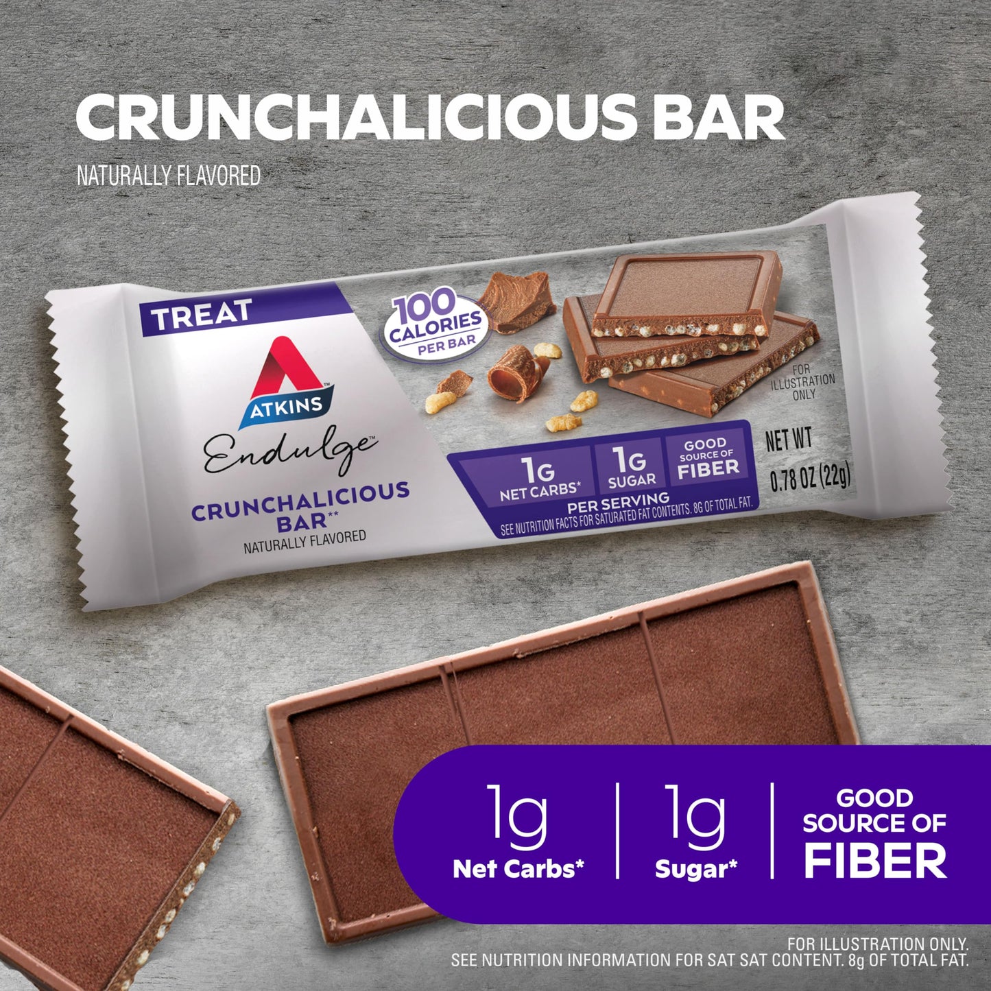 Atkins Crunchalicious Bar, 1g Net Carbs, 1g Sugar, Good Source of Fiber, Keto Friendly, 16 Count