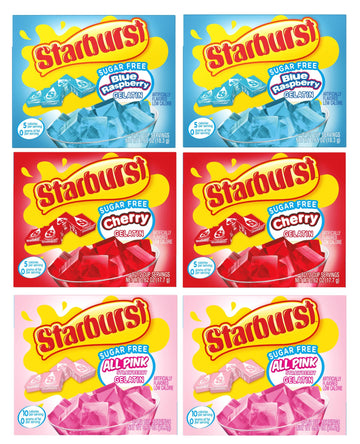 Starburst Sugar Free Gelatin Variety Pack - Pack of 6-3 Flavors - 2 of Each Flavor - Strawberry  Blue Raspberry  and Cherry - Easy to Make for a Variety of Uses