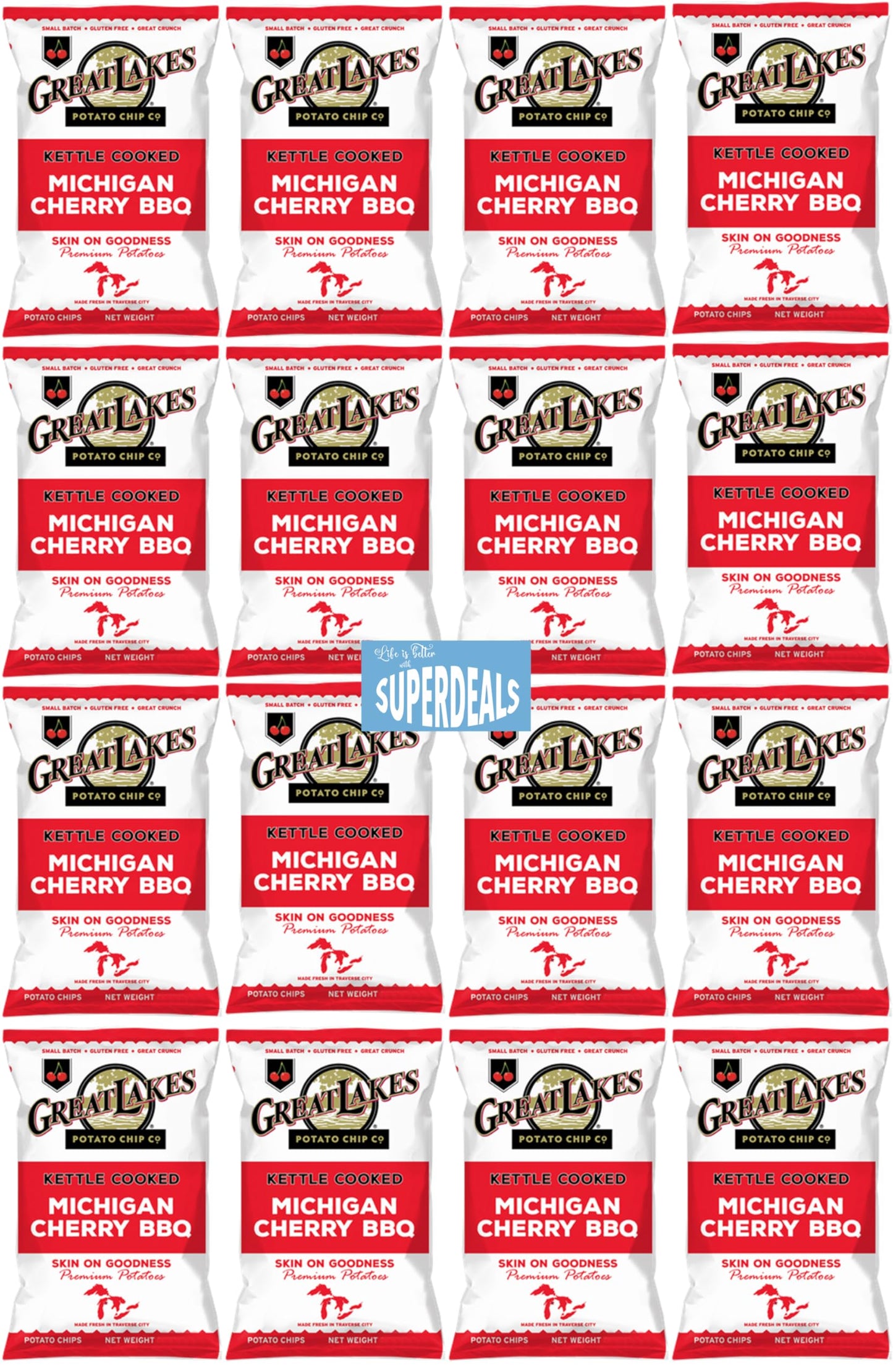 Kettle Cooked Potato Chips By Great Lakes Value Pack Bundled By Superdeals | 1.375 Oz Bag | Michigan Cherry Bbq | Pack Of 16 With Mystery Bonus Gift