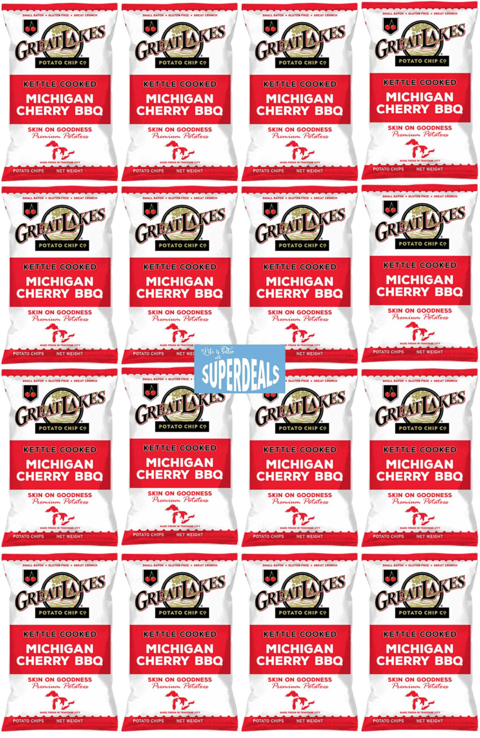 Kettle Cooked Potato Chips By Great Lakes Value Pack Bundled By Superdeals | 1.375 Oz Bag | Michigan Cherry Bbq | Pack Of 16 With Mystery Bonus Gift