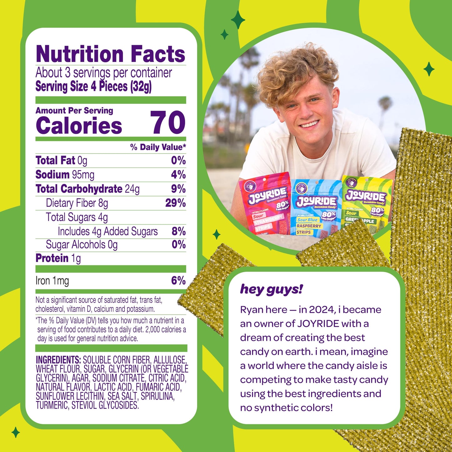 JOYRIDE Green Apple Sour Strips 3.5 oz, 6-Pack Bundle with Glacial Peppermint Gum, Low Sugar, Dye Free, Low Calorie Snacks