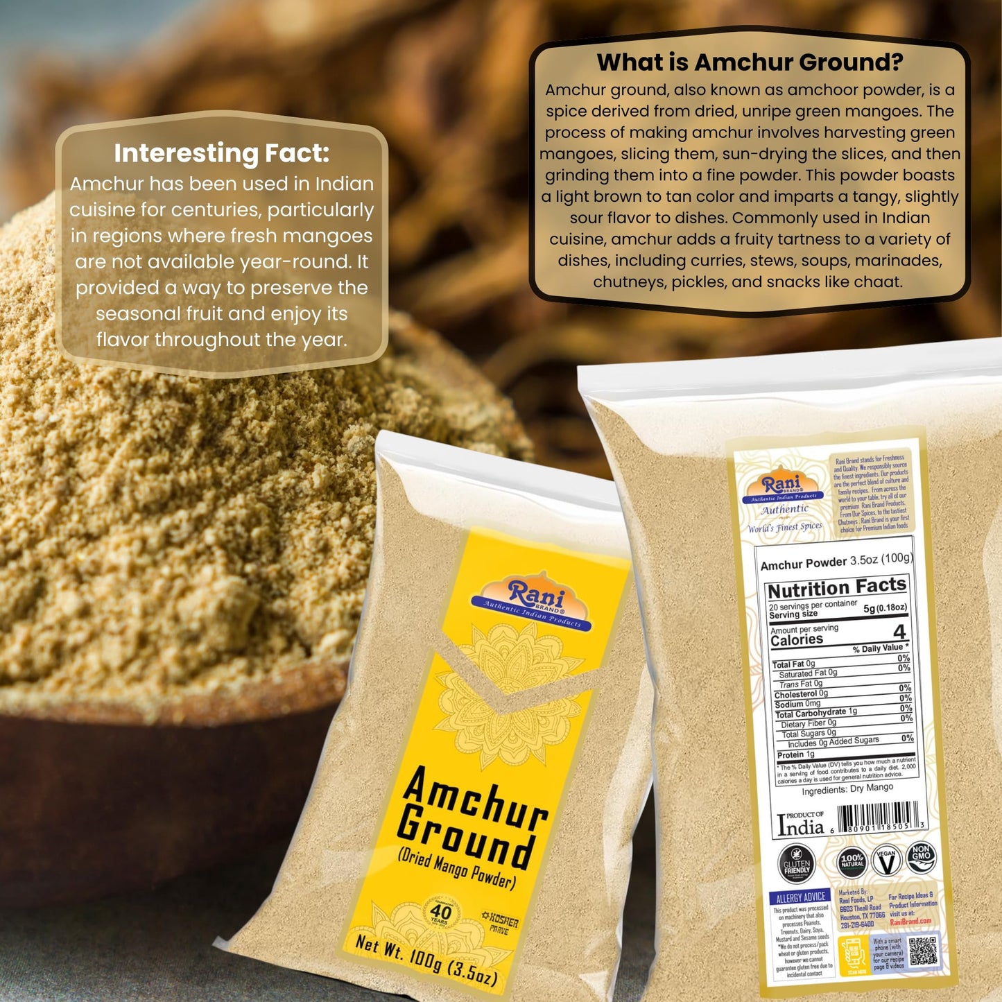 Rani Amchur (Mango) Ground Powder Spice 3.5Oz (100G) ~ All Natural, Indian Origin | No Color | Gluten Friendly | Vegan | Non-Gmo
