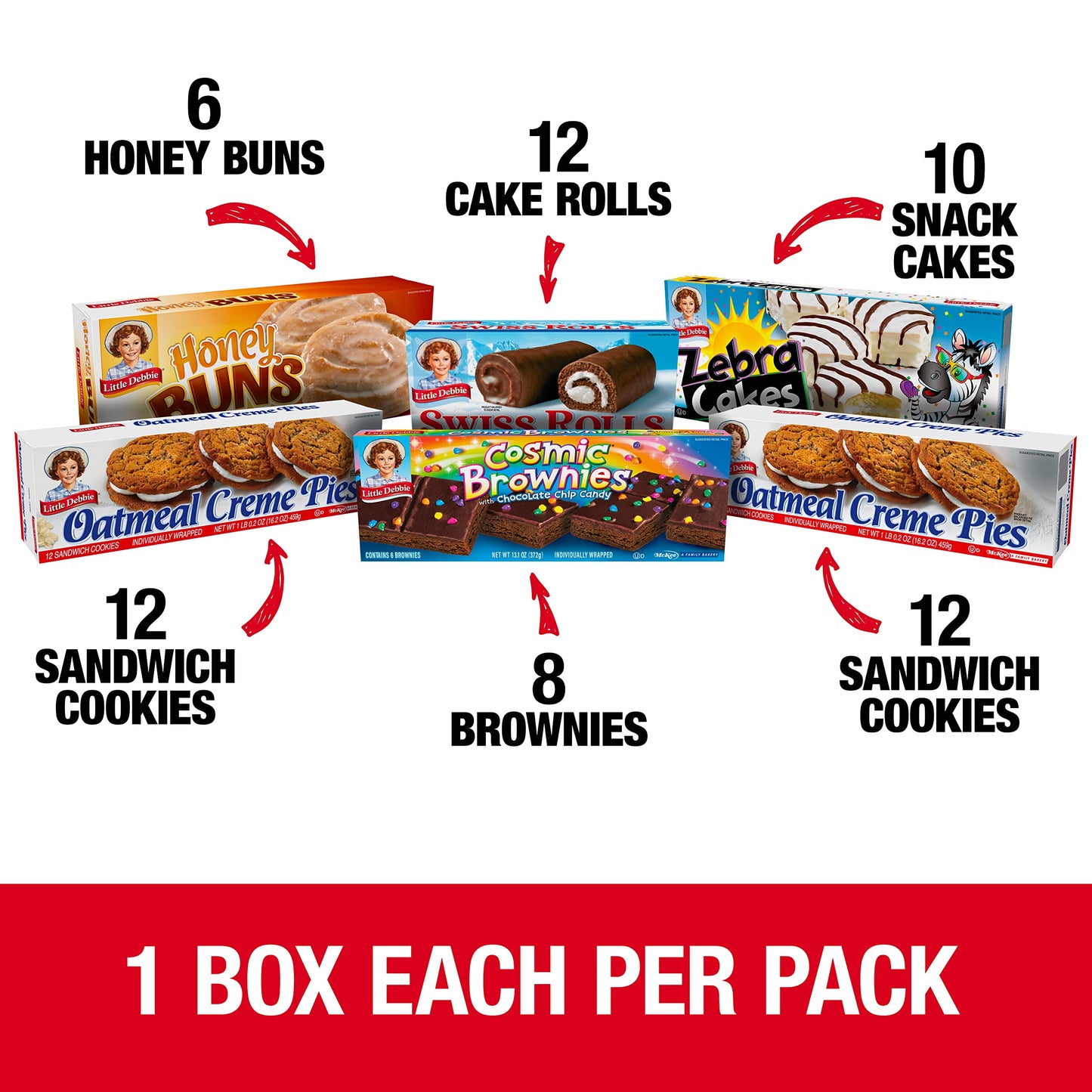 Little Debbie Variety Pack - Zebra Cakes, Cosmic Brownies, Honey Buns, Swiss Rolls, Oatmeal Creme Pies - 6 Piece Set