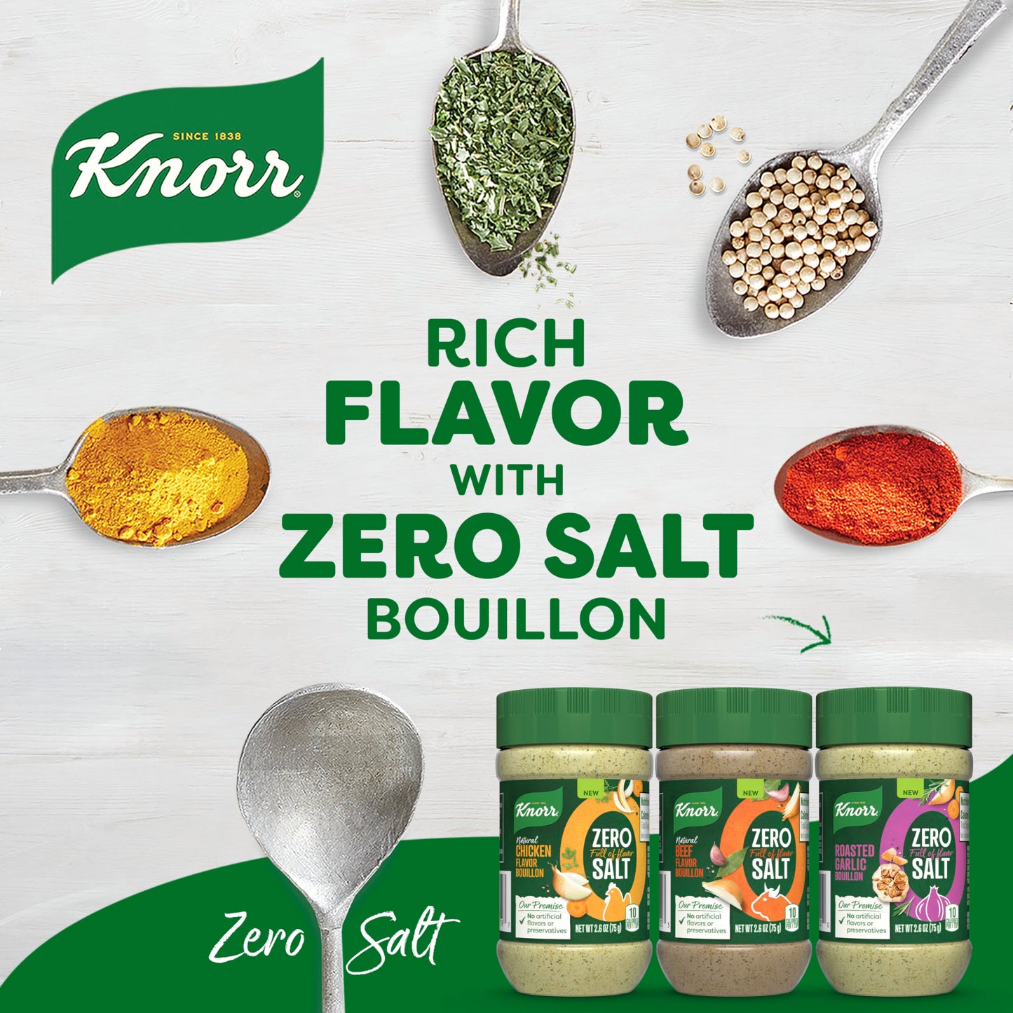 Knorr Zero Salt Beef Flavor Bouillon Powder for Sauces & Soups, 2.6 oz, No Artificial Flavors or Preservatives