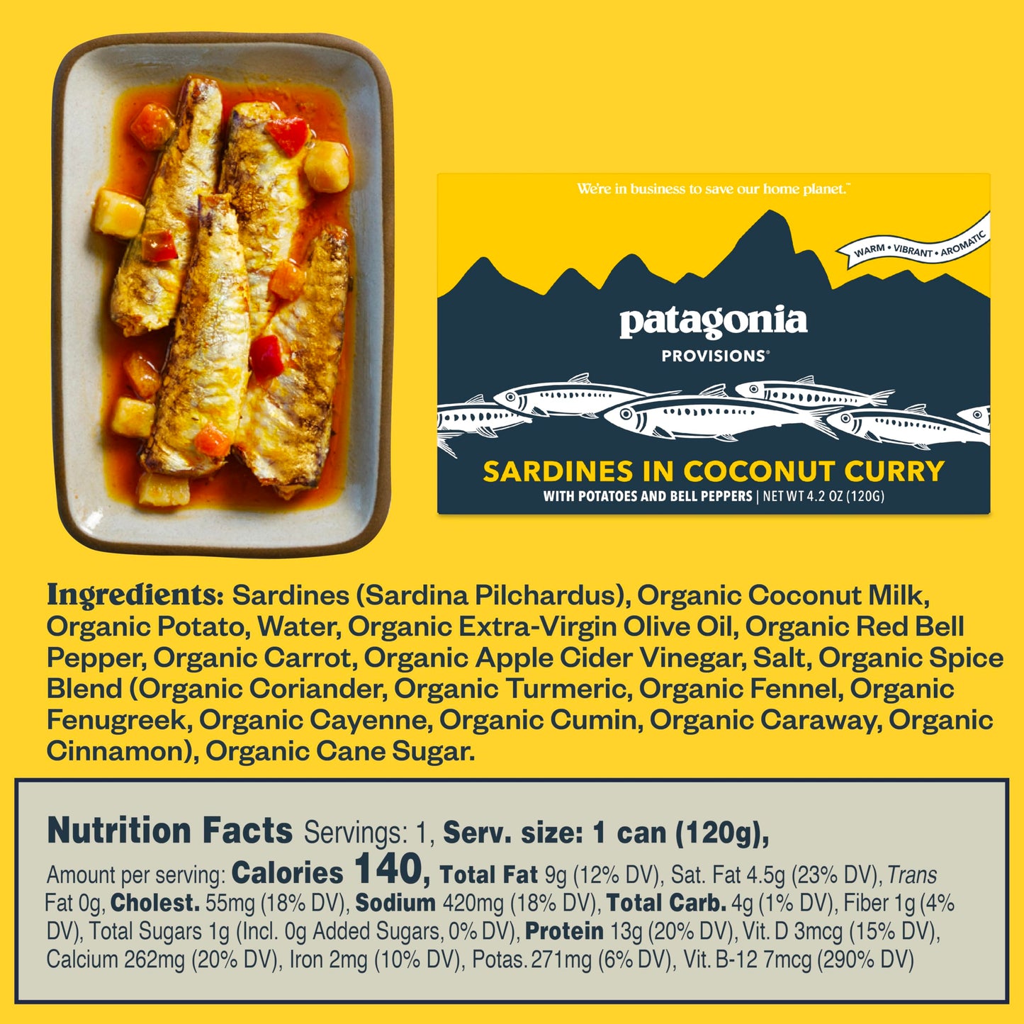 Patagonia Provisions - Wild Sardines In Coconut Curry | Responsibly Sourced In Spain | 13G Protein & Gluten Free | Pack Of 10