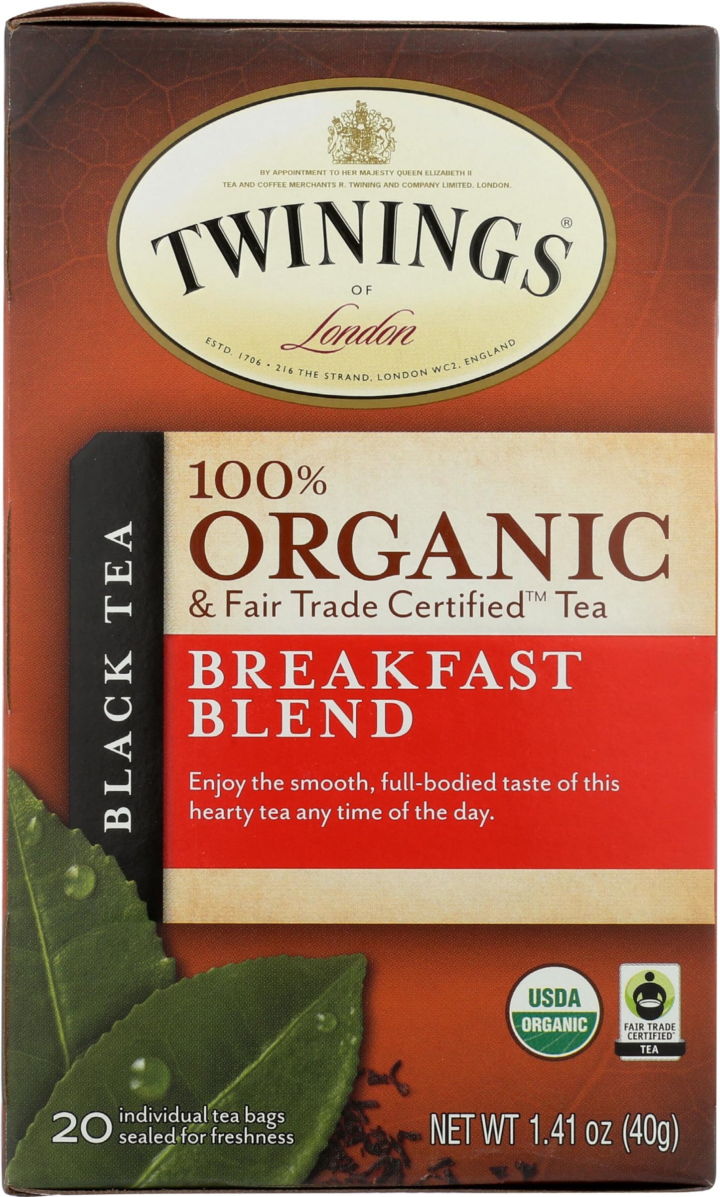 Twinings Of London Organic And Fair Trade Certified Breakfast Blend Tea Bags, 20 Count