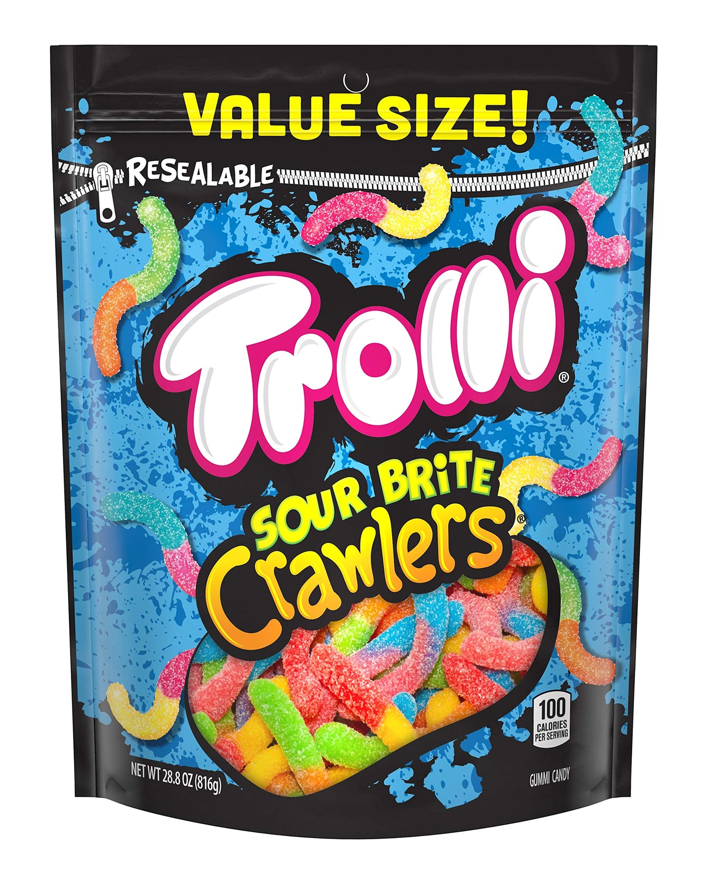 Trolli Sour Brite Crawlers, Candy, Cherry-Lemon, Strawberry-Grape & Orange-Lime, Sweet And Sour, Gummy Worms, 28.8 Oz
