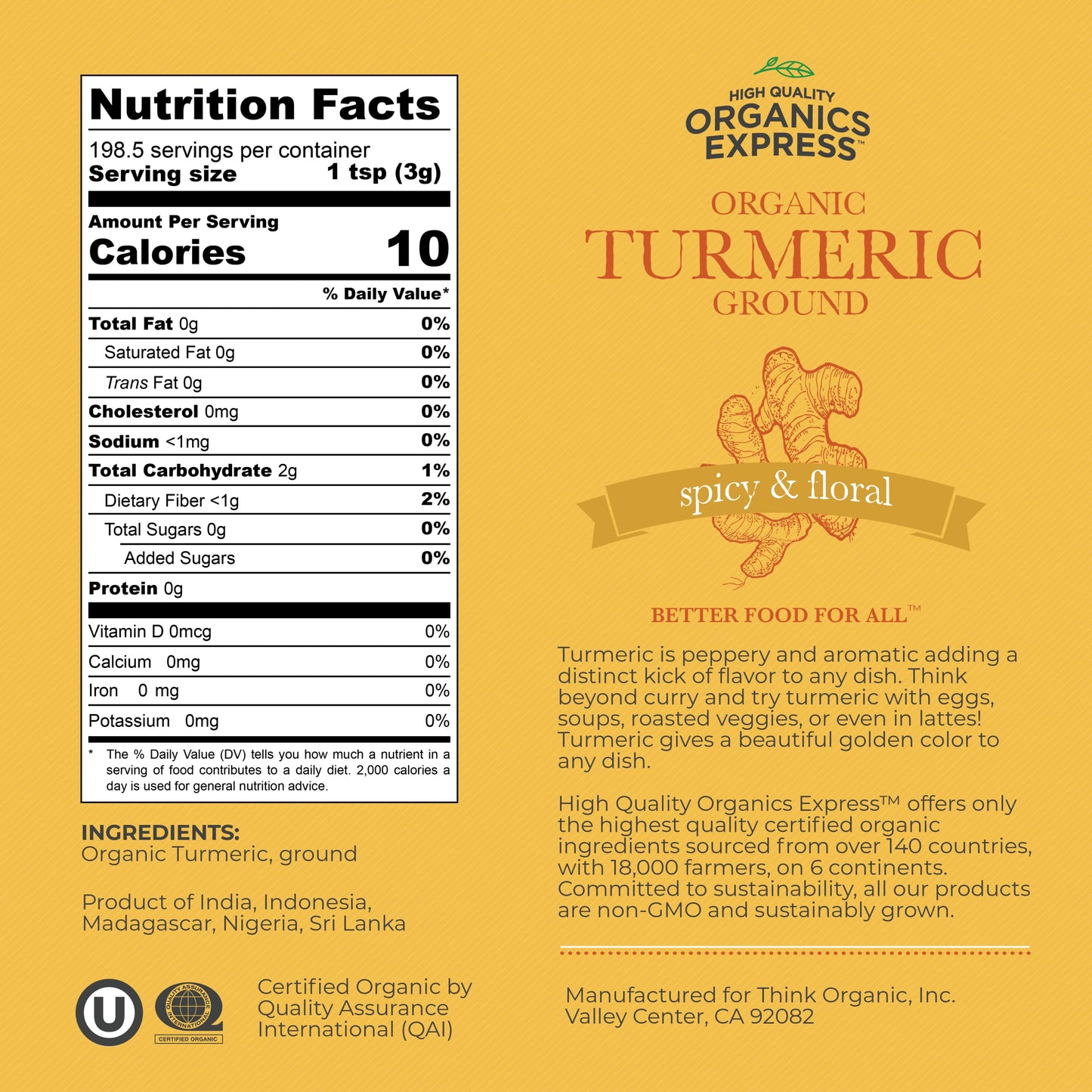 HqO Ground Turmeric Spice Powder - USDA Organic, Non-GMO, Kosher, 21 oz Chef Jar