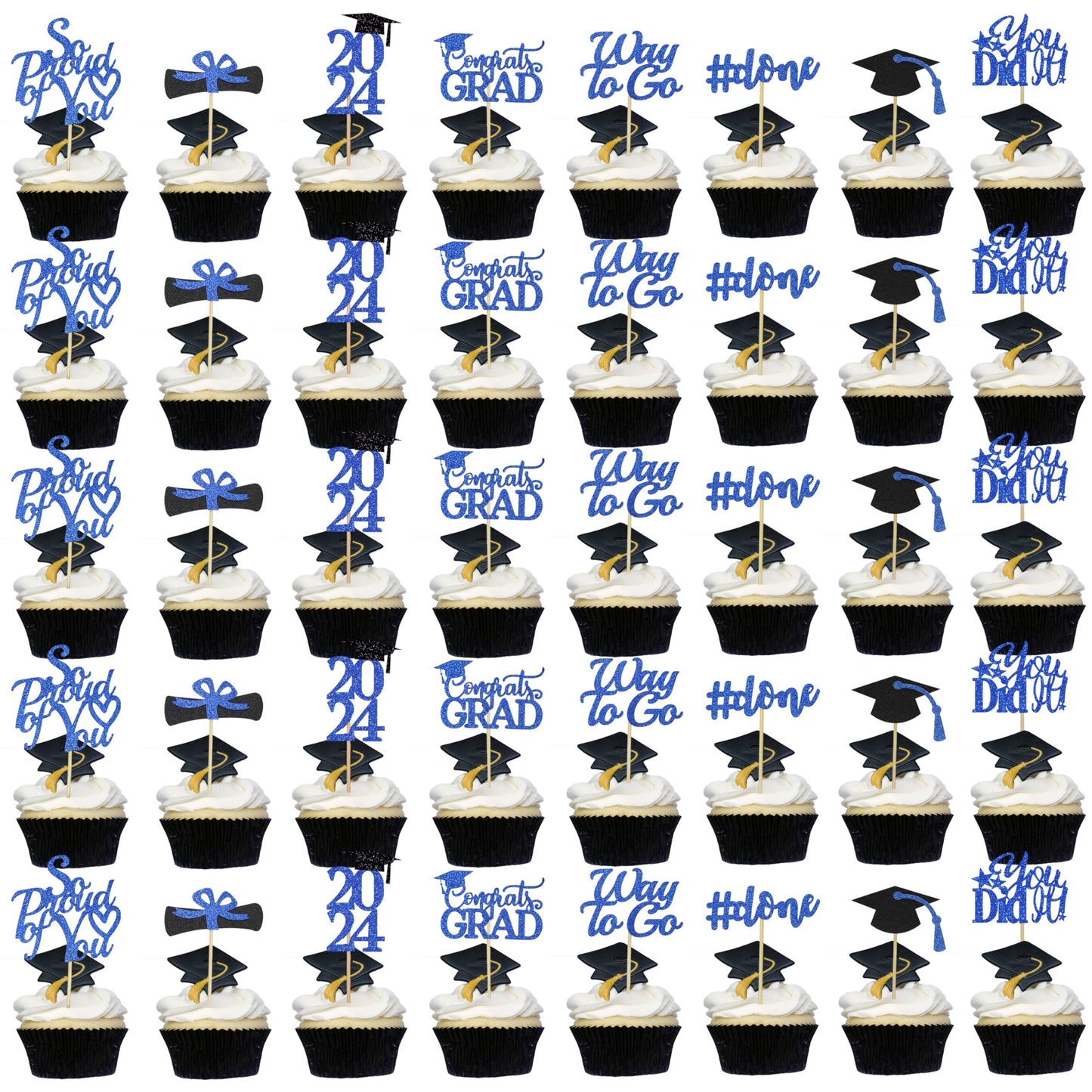 Graduation Cupcake Toppers 2024 Blue, Glitter Class Of 2024 Cupcake Toppers Supplies, Class Of 2024 Congrats Grad Cap Diploma Cu