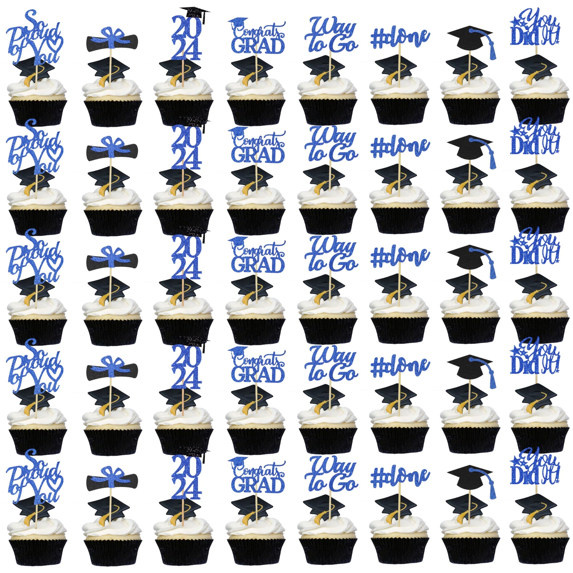 Graduation Cupcake Toppers 2024 Blue, Glitter Class Of 2024 Cupcake Toppers Supplies, Class Of 2024 Congrats Grad Cap Diploma Cu