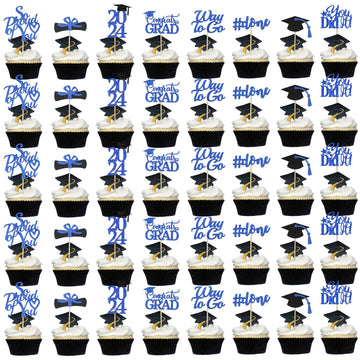 Graduation Cupcake Toppers 2024 Blue, Glitter Class Of 2024 Cupcake Toppers Supplies, Class Of 2024 Congrats Grad Cap Diploma Cu
