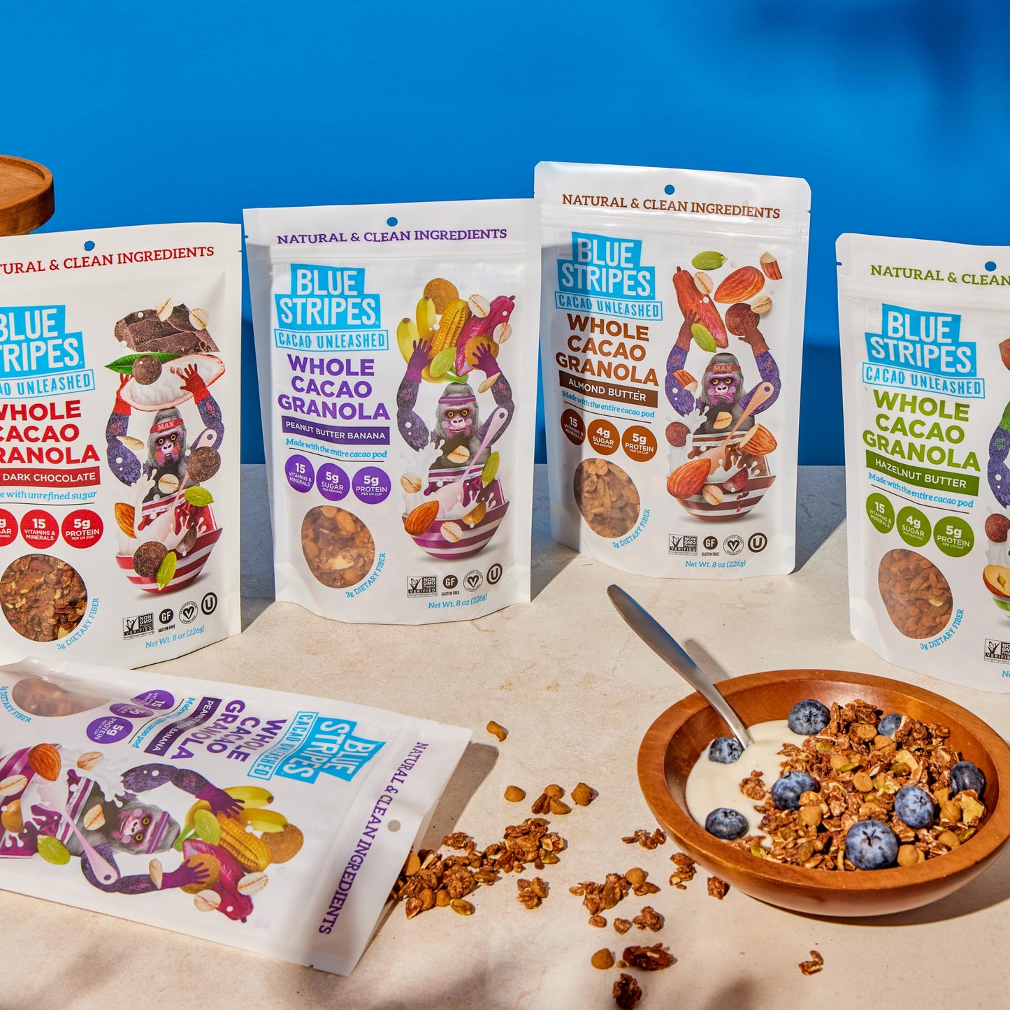 Blue Stripes Whole Cacao Granola - Gluten Free Dark Chocolate Granola for Cereal, Oatmeal, Yogurt, 5g Protein Per Serving, Sourc