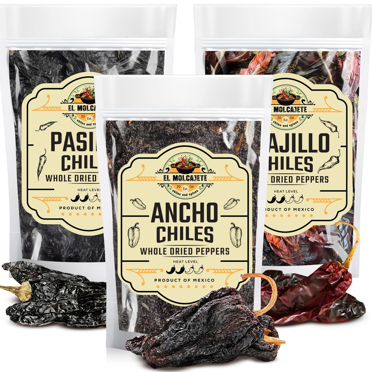 Dried Chili Pepper Variety Pack 4oz Each - Includes enhanced Whole Ancho  Guajillo  Pasilla Chiles - Staple for Mexican Recipes - Moles  Salsa  Sauces  Birria  Stews  Tamales. By El Molcajete