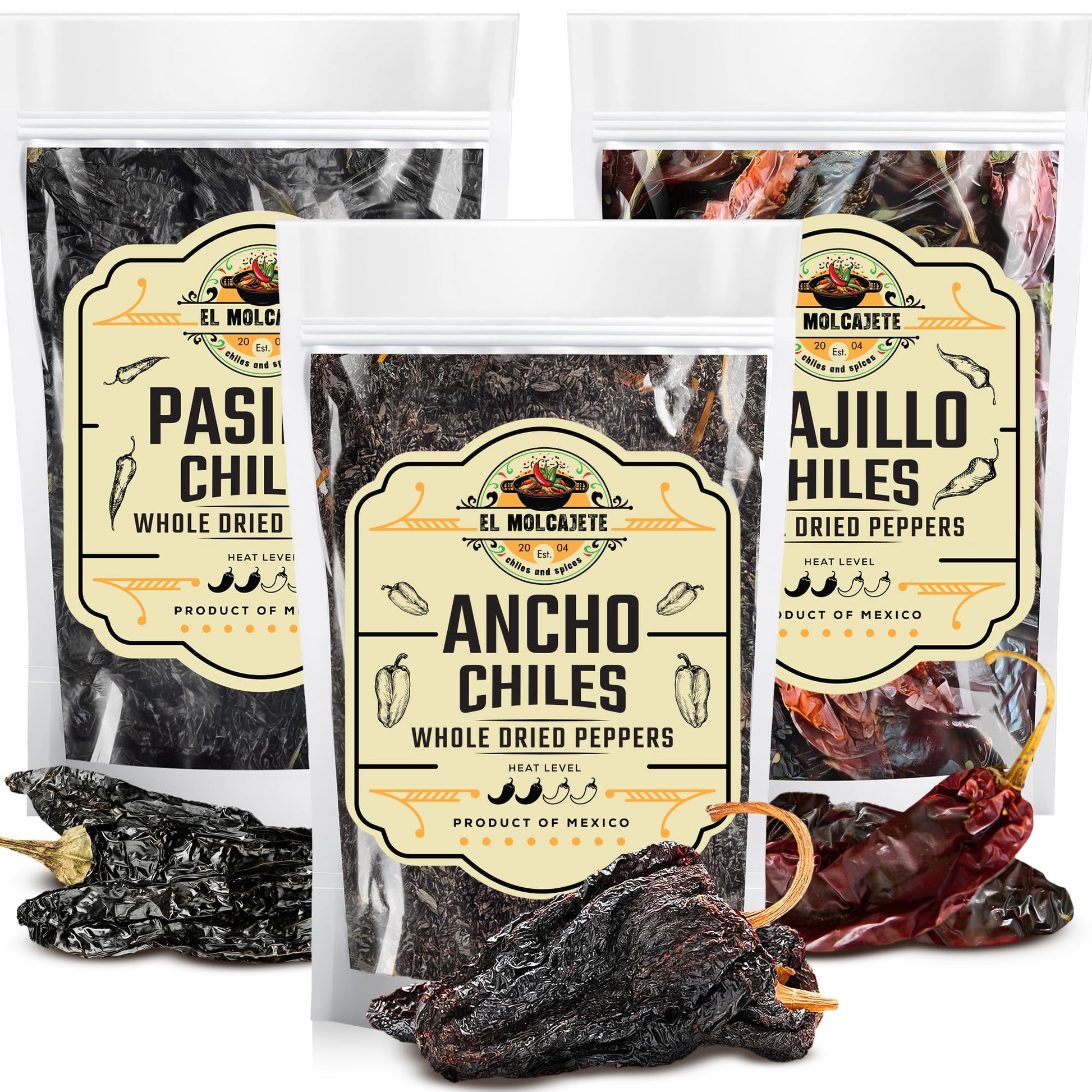 Dried Chili Pepper Variety Pack 4oz Each - Includes enhanced Whole Ancho  Guajillo  Pasilla Chiles - Staple for Mexican Recipes - Moles  Salsa  Sauces  Birria  Stews  Tamales. By El Molcajete