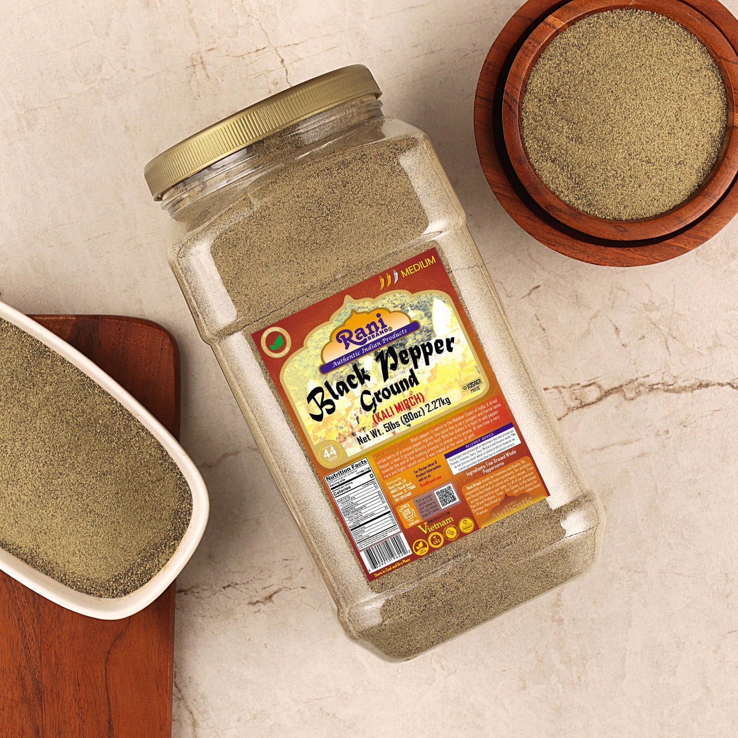 Rani Black Pepper Fine Powder 80 Mesh, 80oz (5lbs) Bulk PET Jar - All Natural, Vegan, Gluten Friendly, NON-GMO, Kosher