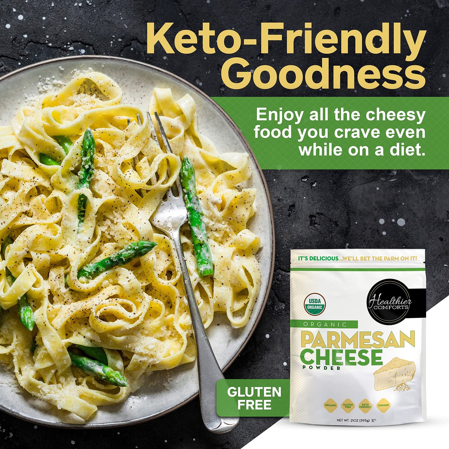 Healthier Comforts Organic Parmesan Cheese Powder, Kosher, Non-Gmo, Chemical Free, Gluten Free, Keto Friendly, From Cows Raised