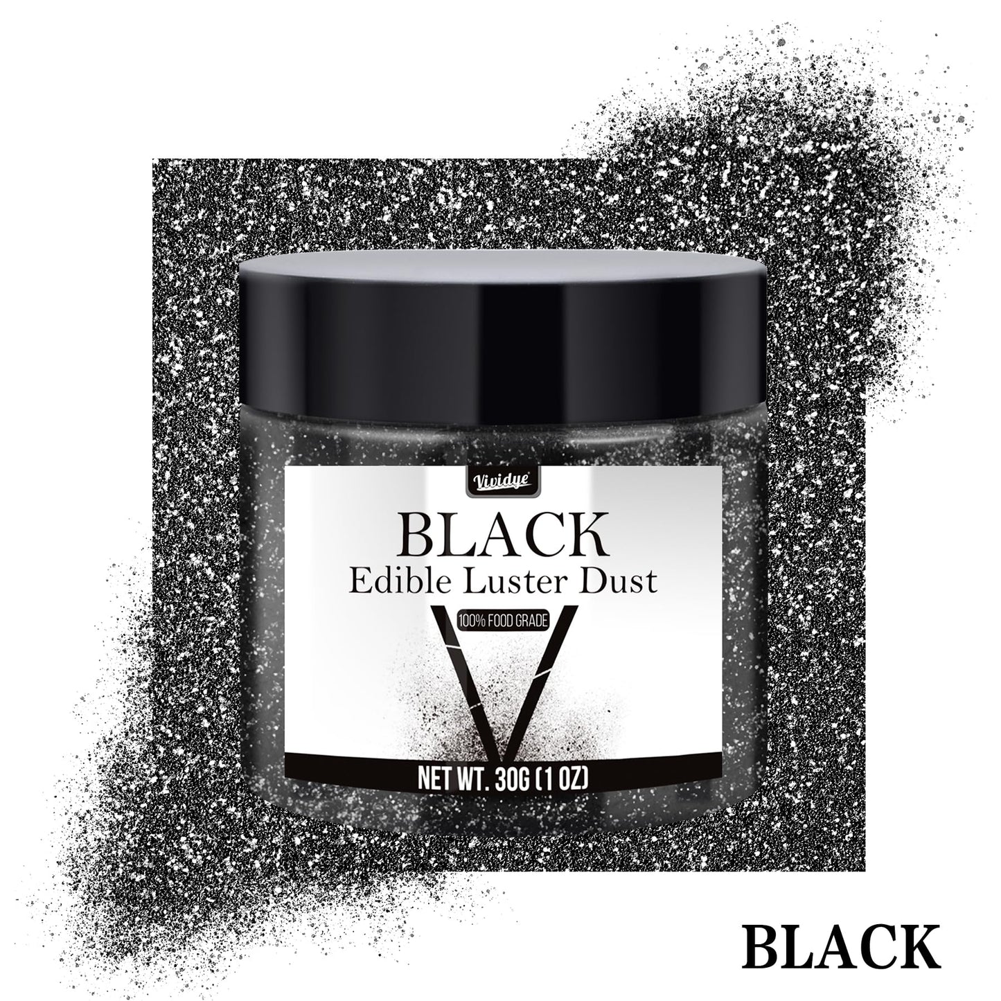 Vividye Edible Glitter Powder - 30g Luster Dust for Food & Drink Decoration - Black Shimmering Baking & Beverage Enhancer