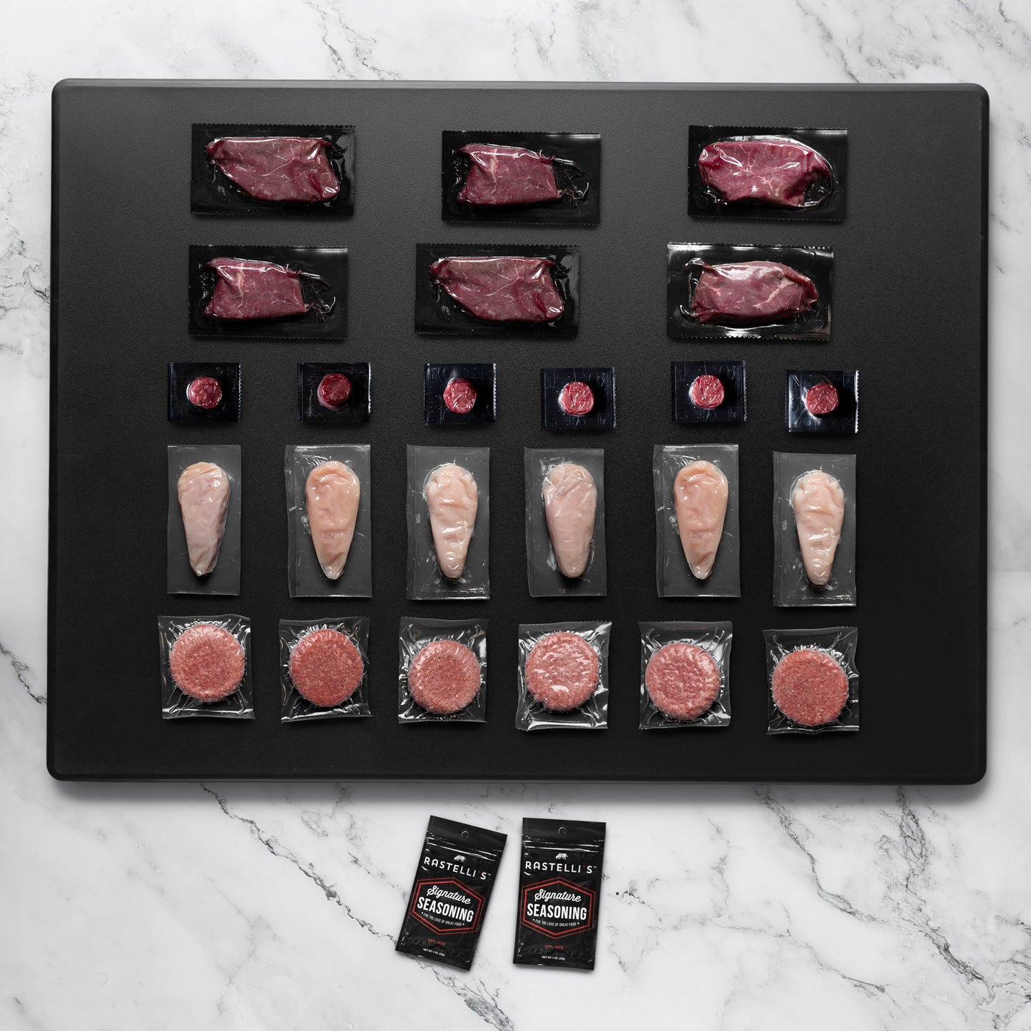 Rastellis Grilling Meat Pack - Wagyu Burgers, Sirloin Steaks, Filet Mignon, Chicken Breasts - 24 Count, 6.5 lbs Total
