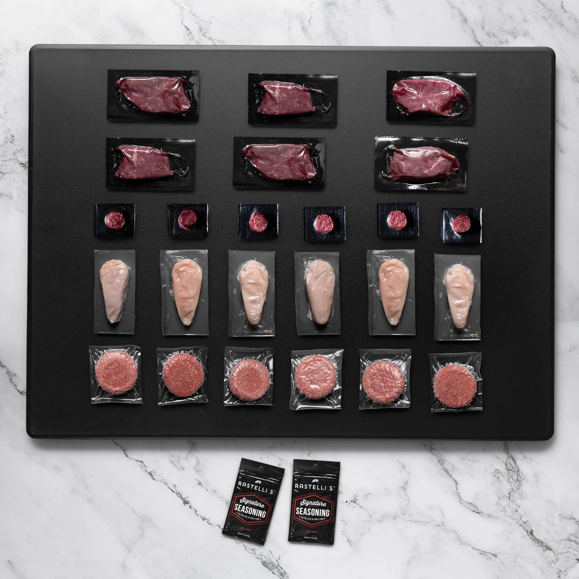 Rastellis Grilling Meat Pack - Wagyu Burgers, Sirloin Steaks, Filet Mignon, Chicken Breasts - 24 Count, 6.5 lbs Total