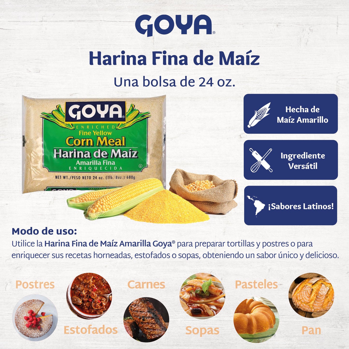 Goya Fine Yellow Corn Meal, 24 Ounce, Pack of 2 - Ideal for Cooking and Baking