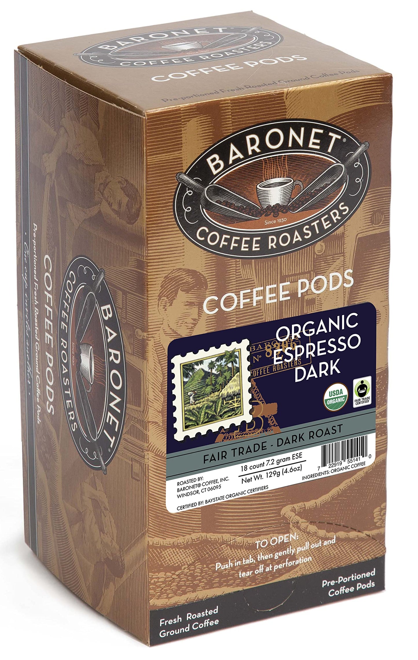 Baronet Coffee Organic ESE Espresso Pods - Espresso Roast - 18 Count (Pack of 3) - Individually Wrapped for Freshness