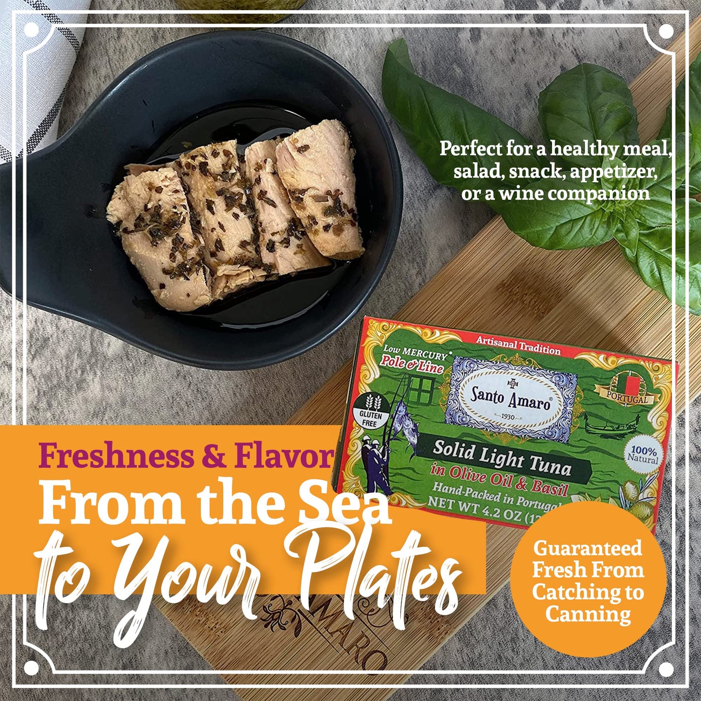 Santo Amaro Artisanal Wild Tuna Fillets in Olive Oil & Basil, 4.2 oz (Pack of 3), Pole & Line Caught, Keto Friendly, Low Mercury