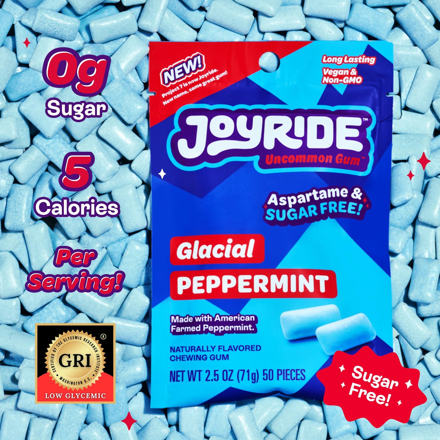 Joyride Gum - Glacial Peppermint, Aspartame & Sugar Free, Low Carb, Vegan, Healthy Chewing Gum, 1 Pack Of 50 Pieces (50 Pieces T