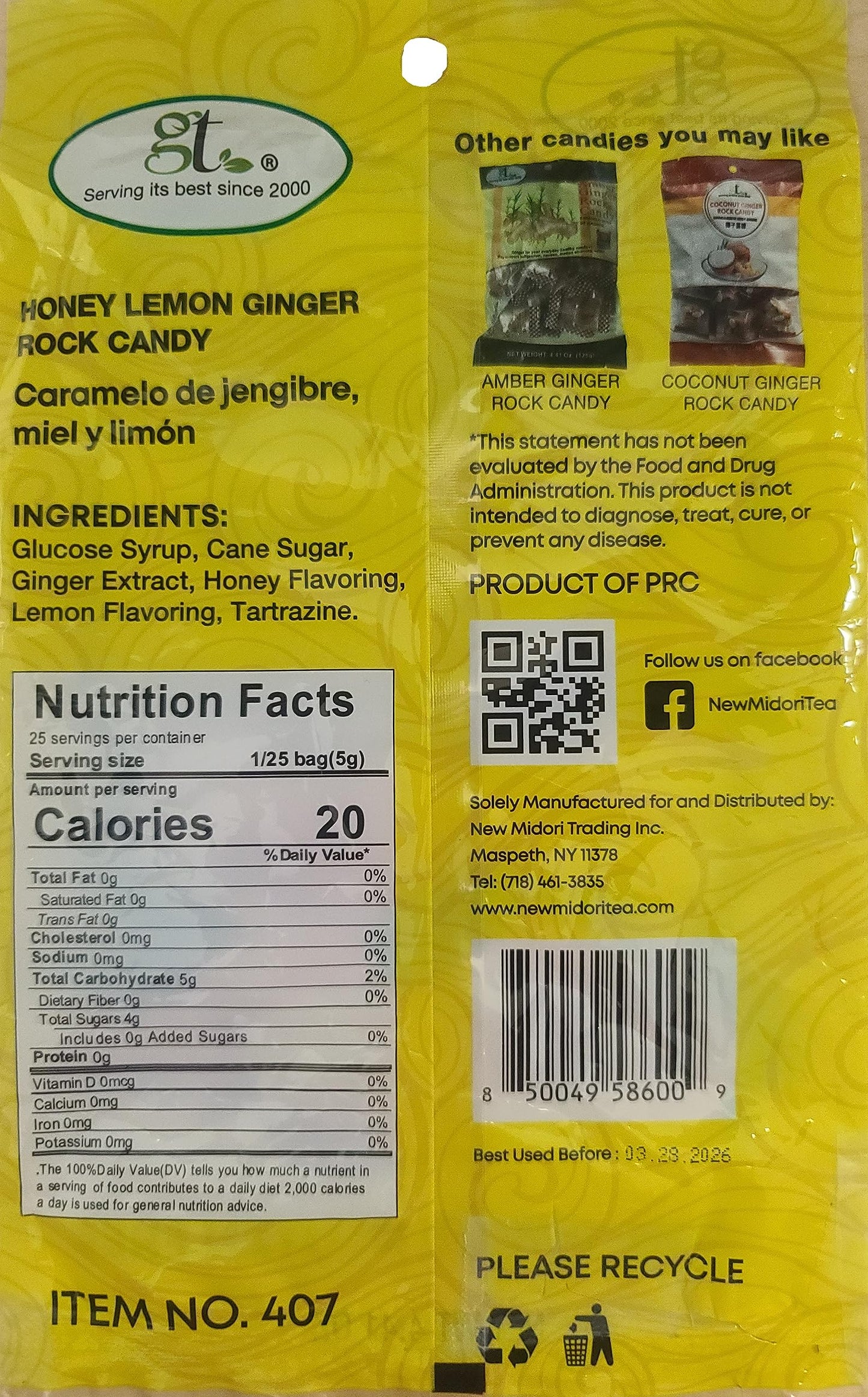 Gt Honey Lemon Ginger Rock Candy, 4.41 Ounce Bag, 1 Pack