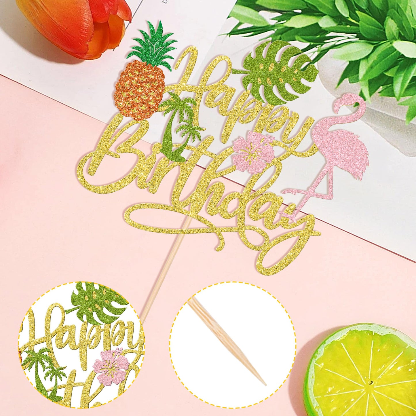 1 Pcs Tropical Luau Happy Birthday Cake Topper Glitter Flower Palm Tree Flamingo Turtle Leaf Pineapple Aloha Cake Pick For Summer Beach Hawaii Luau Theme Birthday Party Cake Decorations Supplies