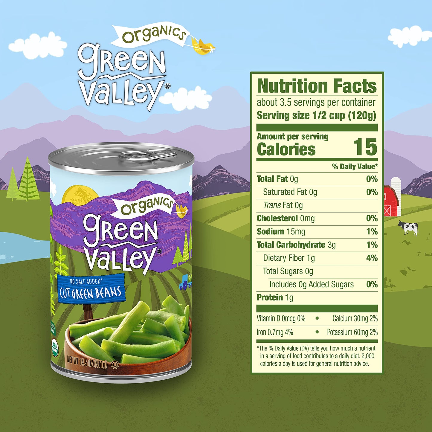 Green Valley Organics Cut Green Beans | Certified Organic | Deliciously Mild Subtly Sweet Flavor, Tender-Crisp | 14.5 Oz Can (Pack Of 4)