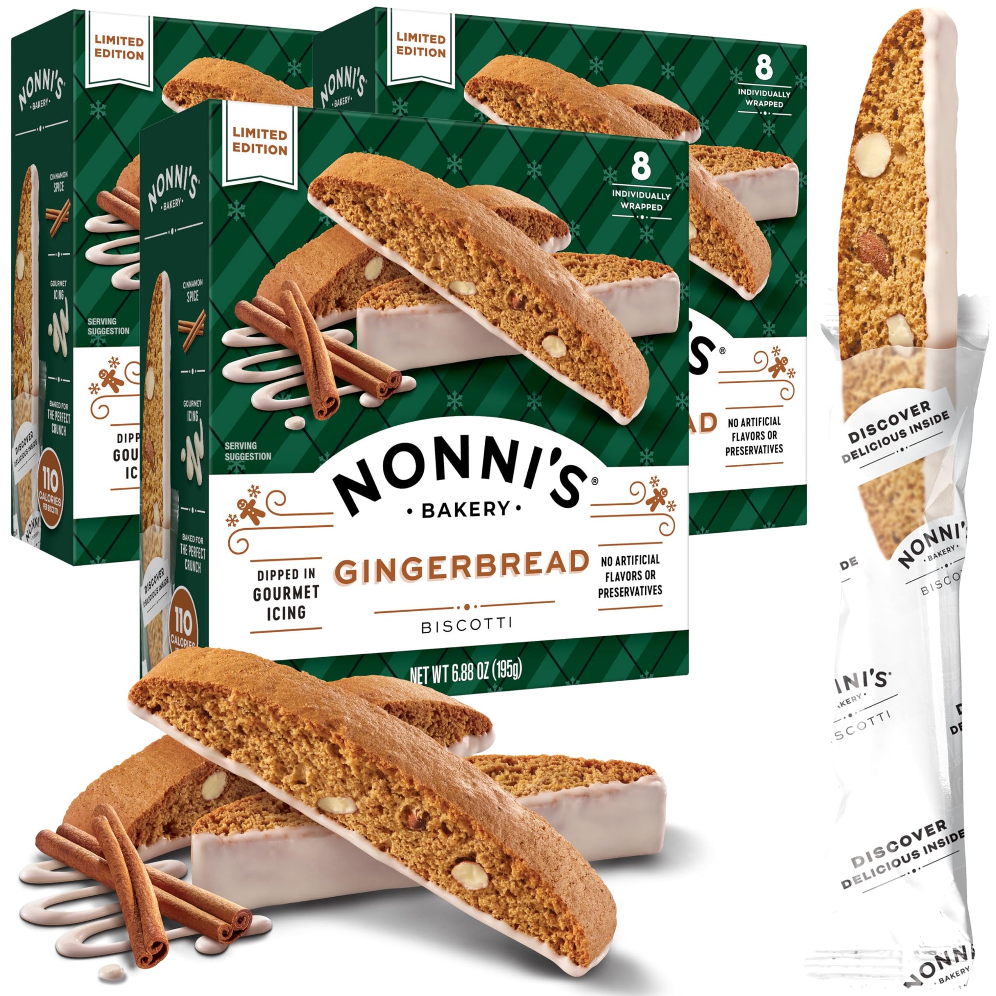 Nonnis Gingerbread Biscotti Holiday Cookies - 3 Boxes Gingerbread Cookies - Gingerbread Christmas Cookies w/Almonds & White Ici