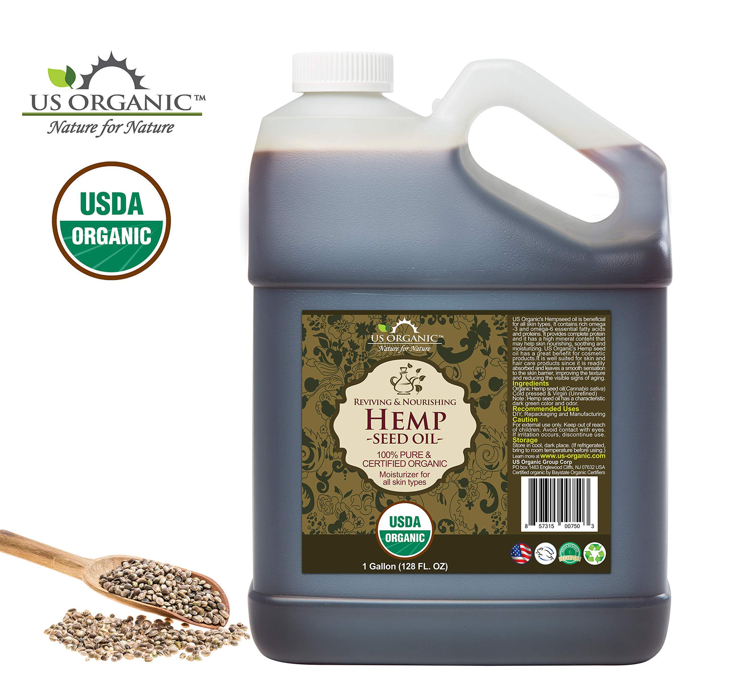 US Organic Hemp Seed Oil, Certified Organic, Pure & Natural, Cold Pressed Virgin, Unrefined, Size for DIY and small manufacturer