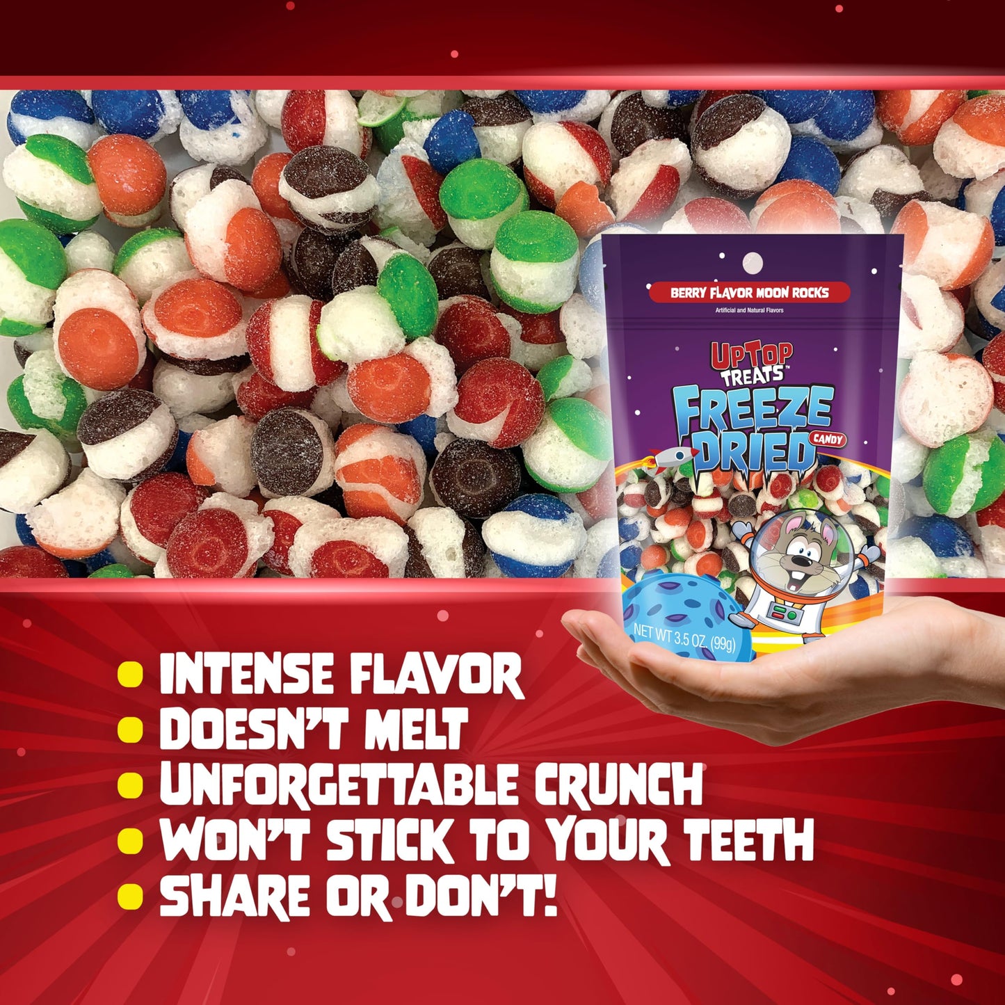 Uptop Treats Freeze Dried Candy, Berry Moon Rocks, Crunchy Sour Candy For Asmr, Berry Punch, Strawberry, Melon Berry, Wild Cherr