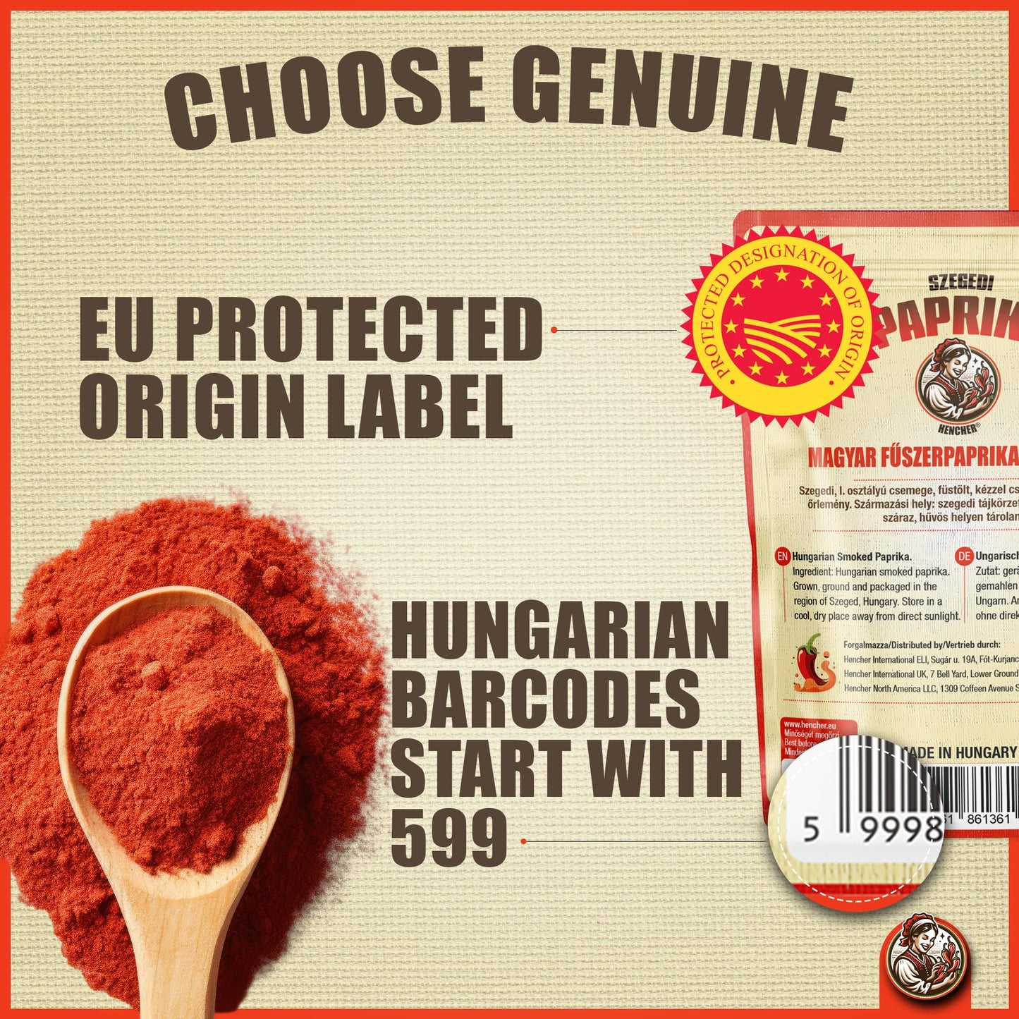 Hencher Hungarian Smoked Paprika Spice Powder, Mild, Non-GMO, 100g (3.5oz)