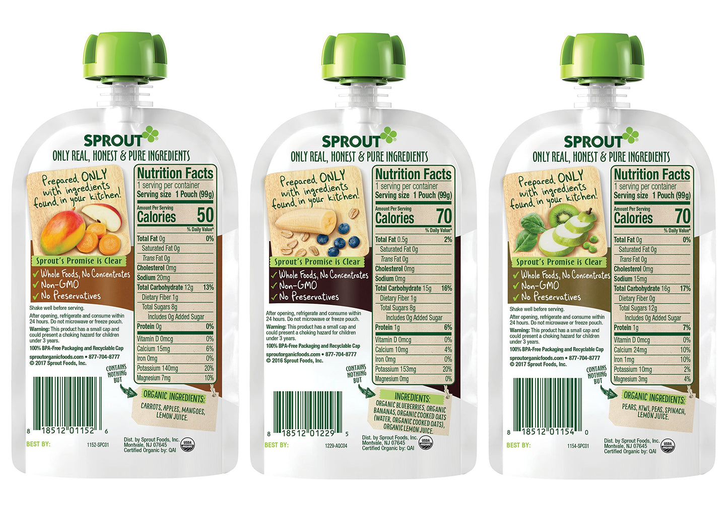 Sprout Organic Baby Food, Stage 2 Pouches, Carrot Apple Mango, Pear Kiwi Peas & Blueberry Banana Oatmeal Variety Sampler, 3.5 Oz
