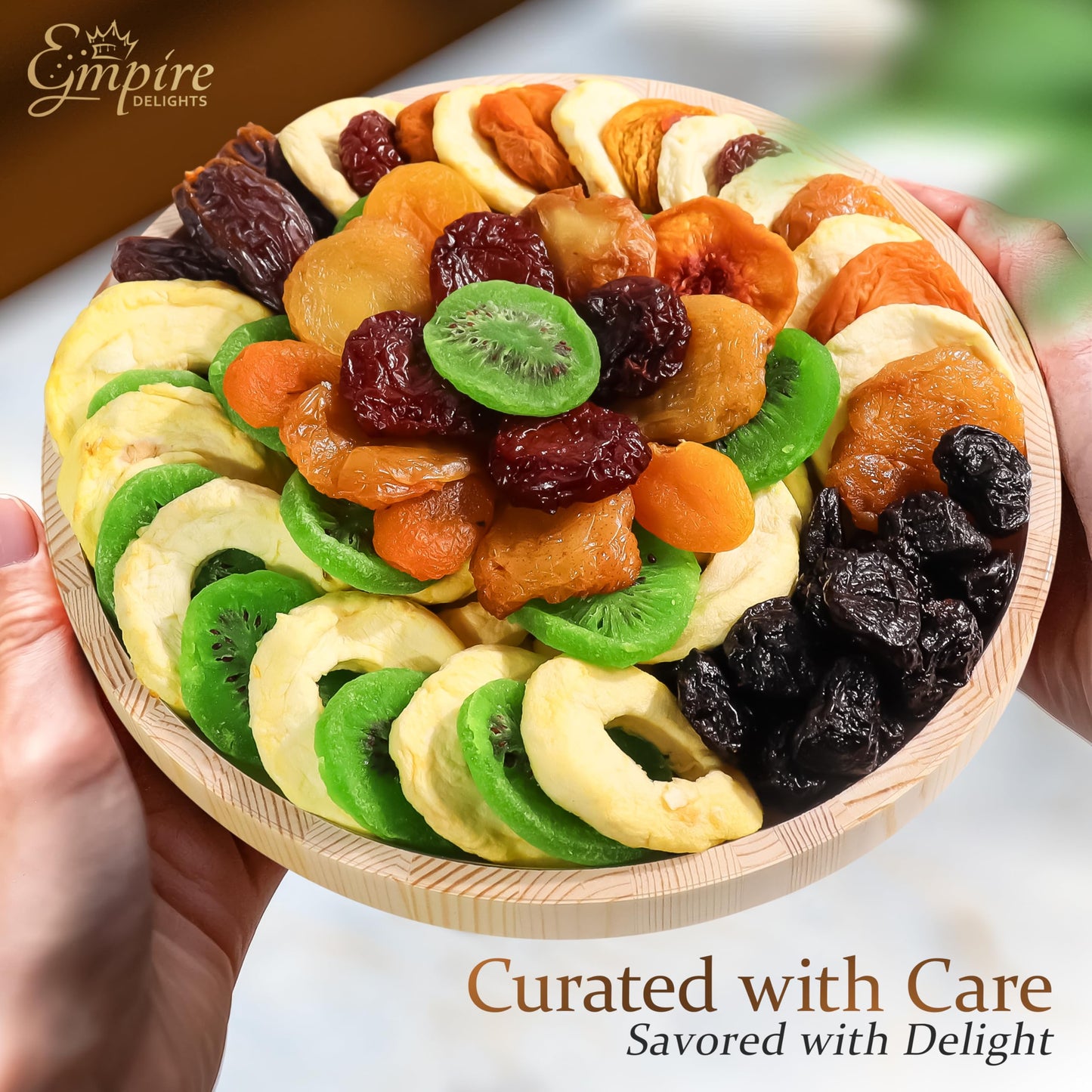 Dried Fruit Gift Basket - Gourmet Dry Fruit Tray In Wooden Platter - Healthy Snack Food Gift Basket For Women And Men - Perfect