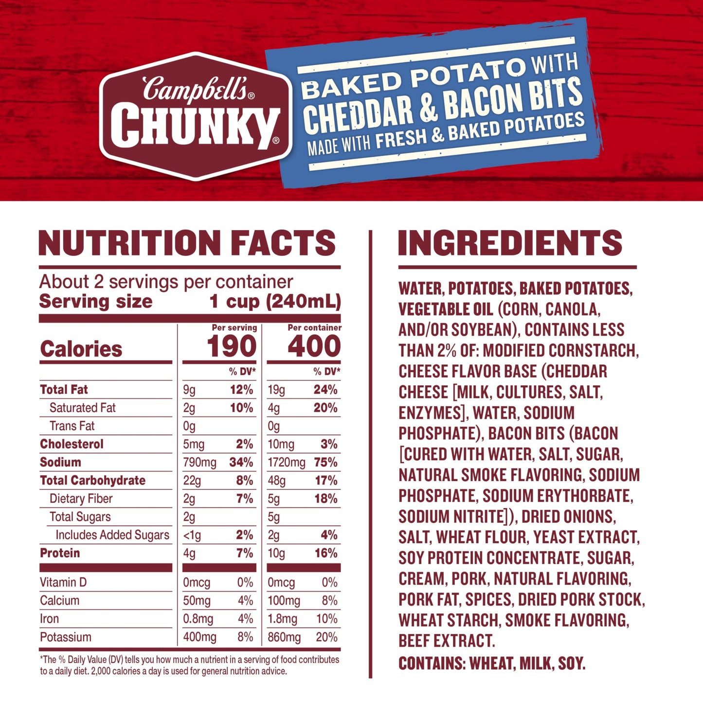 Campbell s Chunky Soup, Baked Potato with Cheddar and Bacon Bits Soup, 18.8 Oz Can (Case of 12)