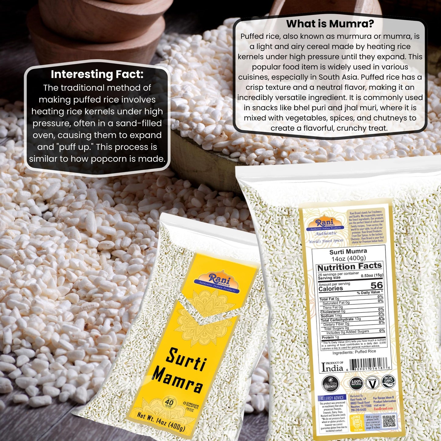 Rani Surti (Surati) Mumra (Puffed Rice) 14oz (400g) ~ All Natural | No Color | Gluten Friendly | Vegan | NON-GMO | Kosher | No S