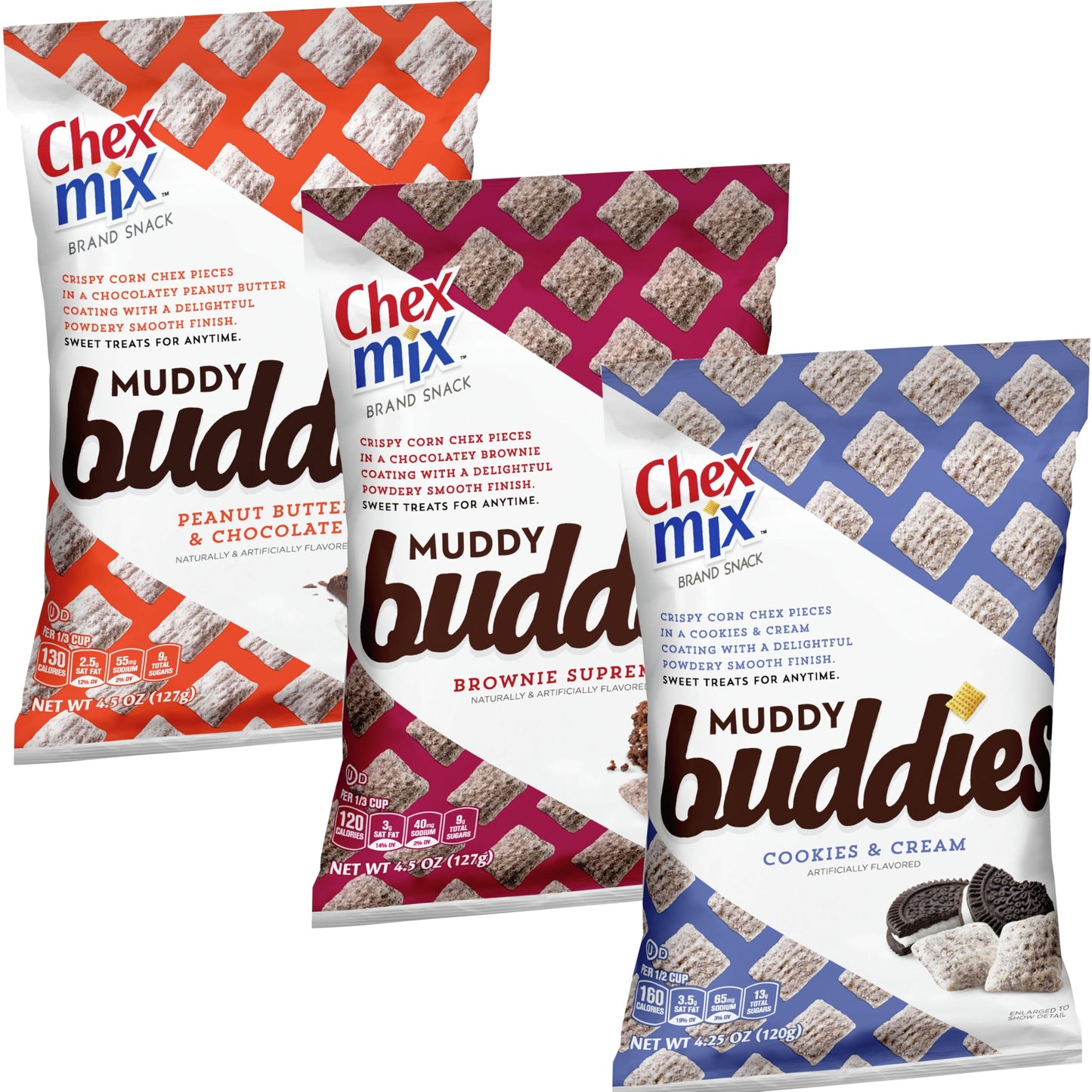 The Hampton Candy Company Variety Snack Pack Muddy Buddies, 3 Pack - Brownie Supreme, Cookies & Cream, Peanut Butter & Chocolate, 4.42 oz