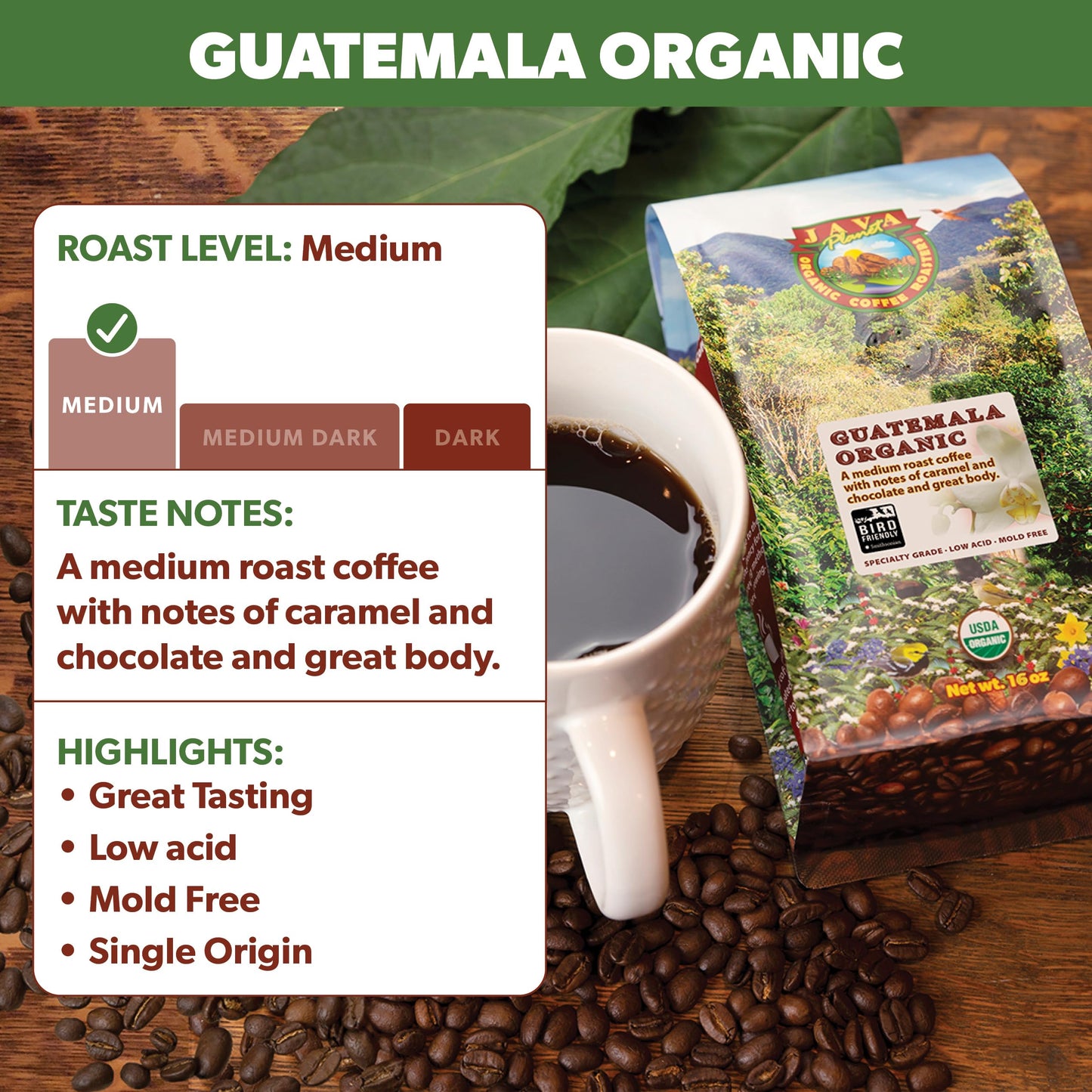 Java  t Whole Bean Coffee, Guatemalan Organic, Medium Roast, Smooth Flavor, 16 Ounce Bag
