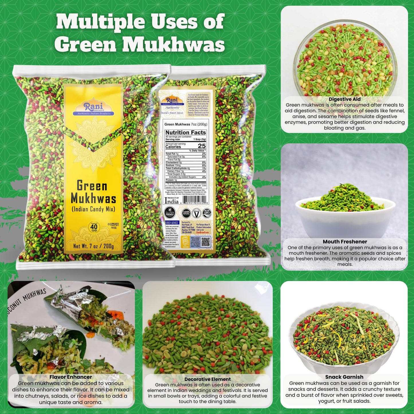 Rani Green Mukhwas (Special Digestive Treat) 7oz (200g) ~ Vegan | Indian Candy Mouth Freshener | Kosher