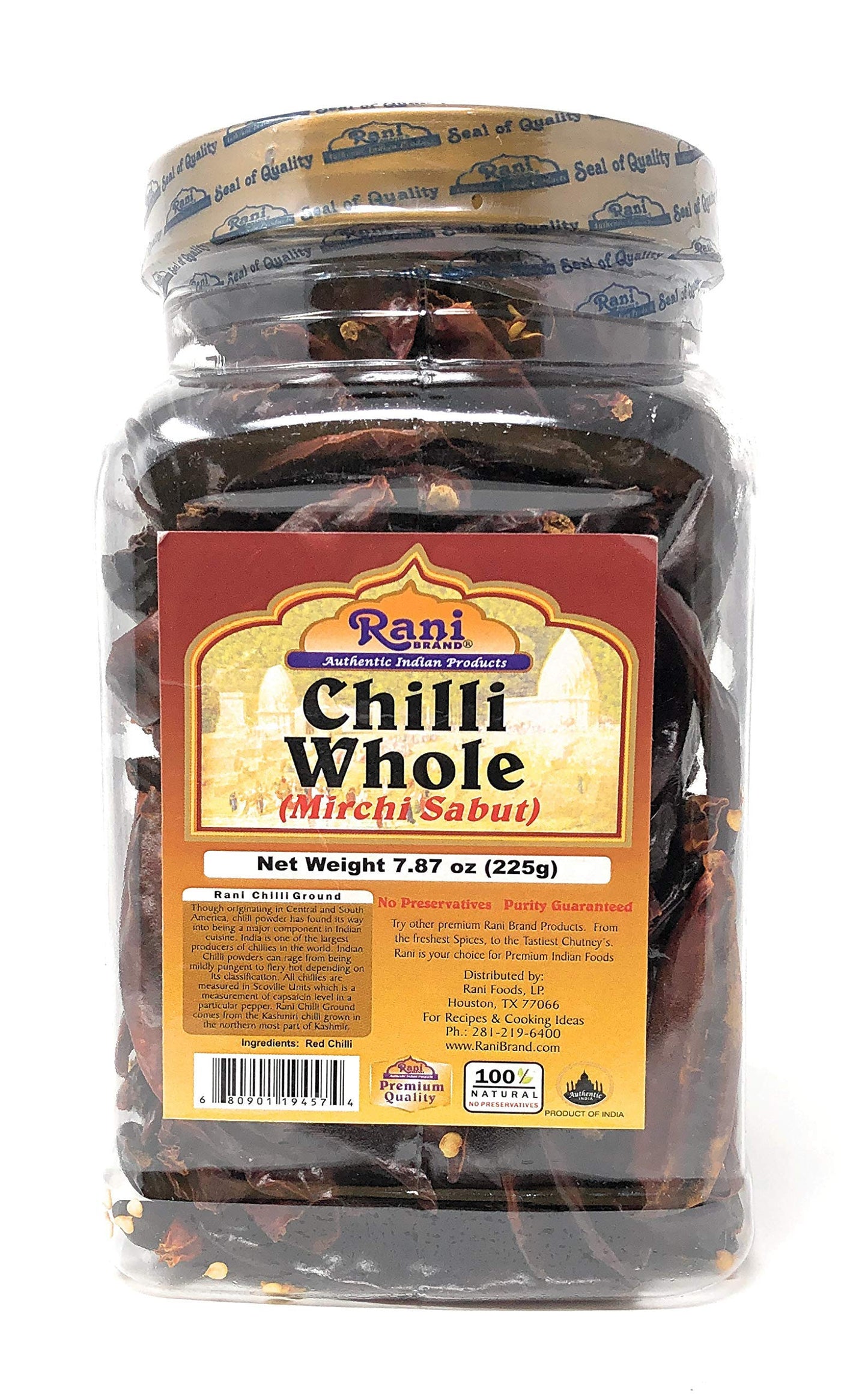 Rani Chilli Whole 8oz (225g) PET Jar ~ All Natural, Salt-Free | Vegan | No Colors | Gluten Friendly | NON-GMO | Indian Origin
