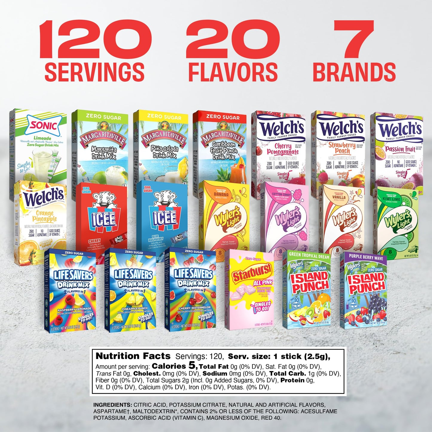 Singles To Go! 120ct Bulk Variety Pack - 20 Different Flavors from Margaritaville  Welchs  Lifesavers  and More - Sugar Free Drink Mix Packets - Sugar Free Water Flavoring Packets - Powdered Drink Mix