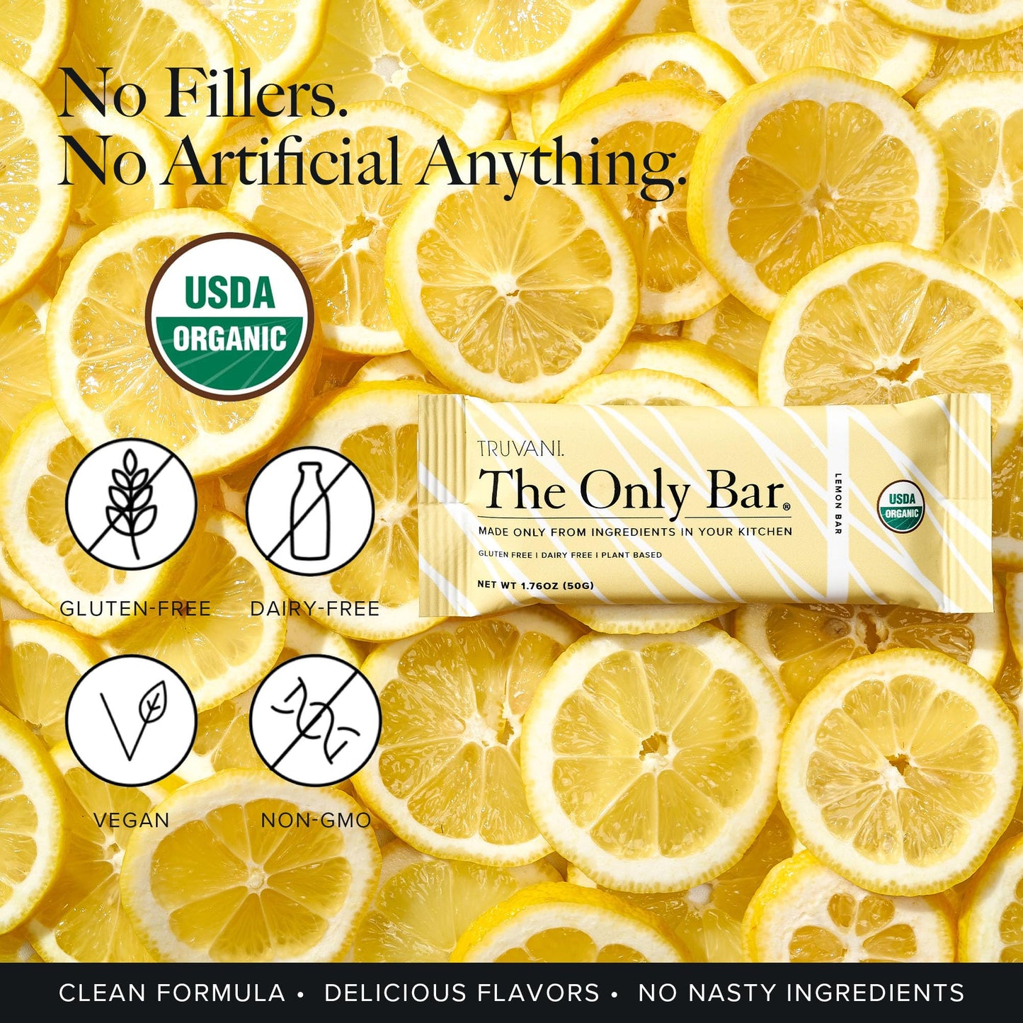 Truvani Plant Based Snack Bars | Lemon Bar 1 Pack | 6G Protein | Usda Organic And Vegan | The Only Bar | Dairy, Soy, And Gluten