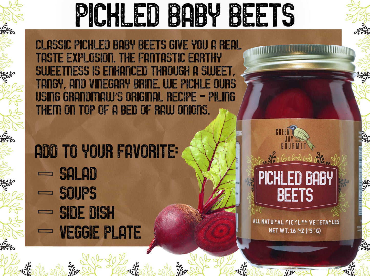 Green Jay Gourmet Fresh Classic Pickled Baby Beets - Grandmas Original Recipe - Sweet, Tangy, and Vinegary Brine - Simple Natura